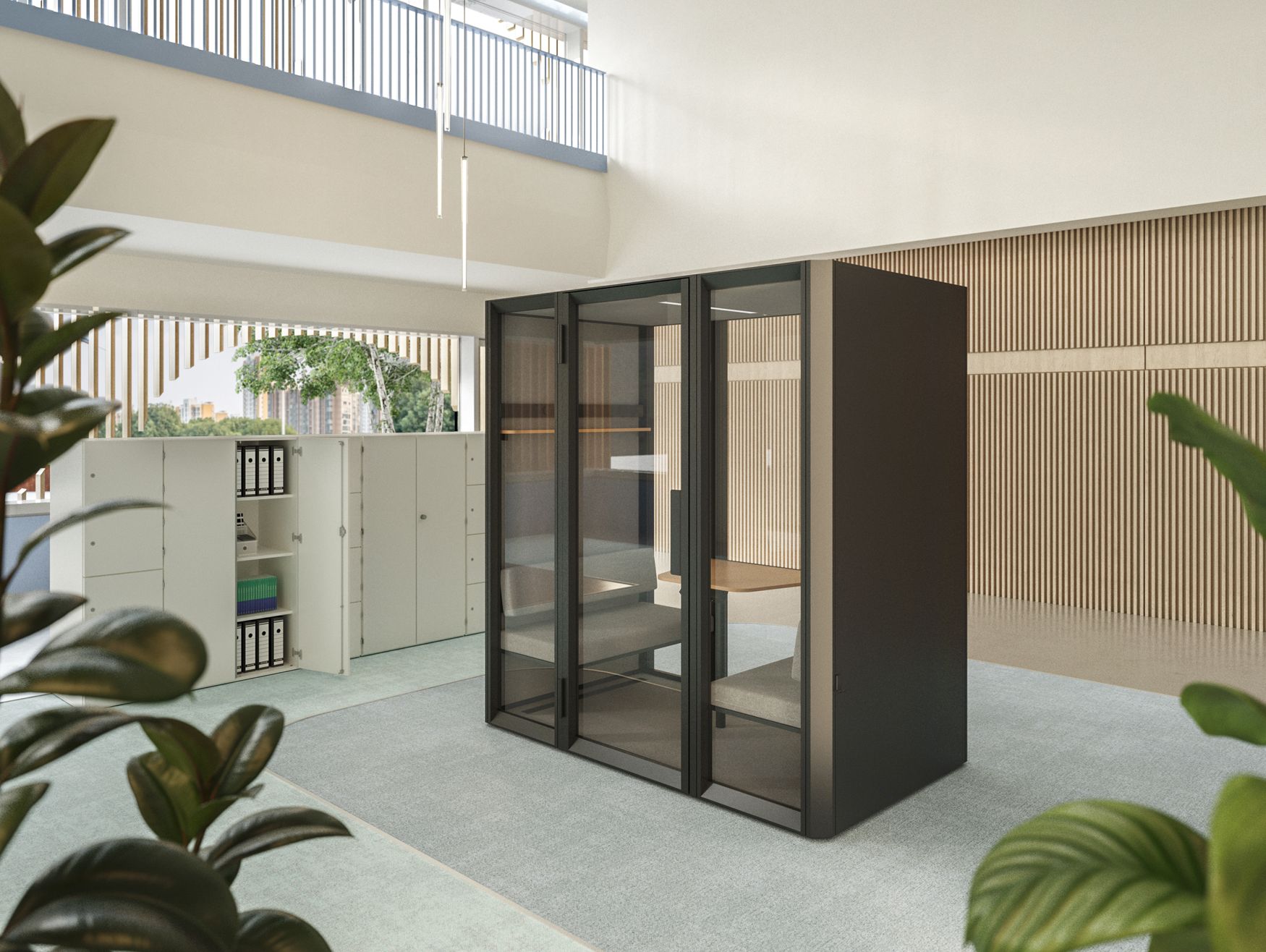 A lounge area featuring a “room-within-a-room” system for 4 people and built-in benches; white lockers and wooden slats define the space.