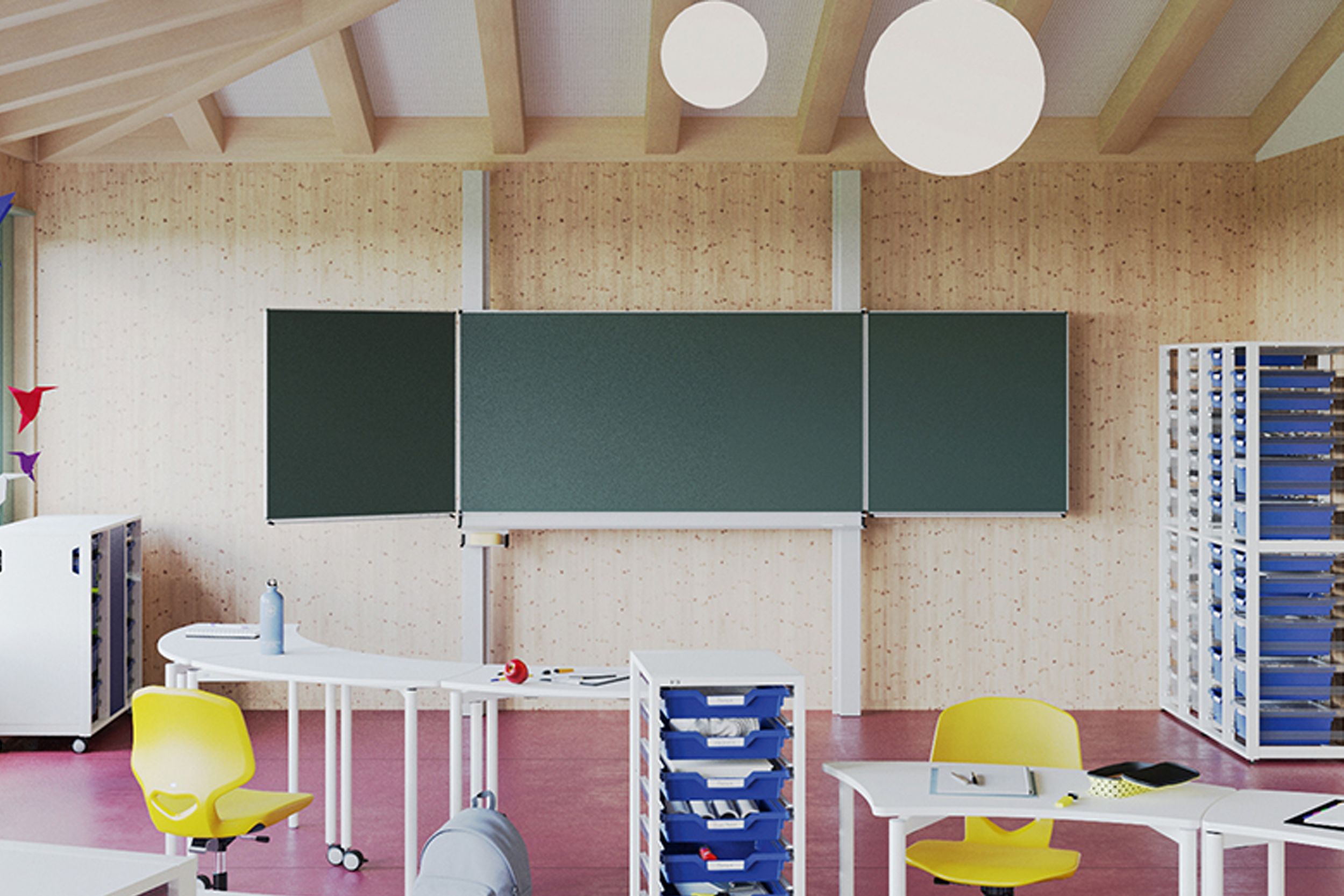 VS folding-sliding whiteboard with side chalkboard panels open in a modern elementary school classroom featuring yellow chairs and VS shelving systems