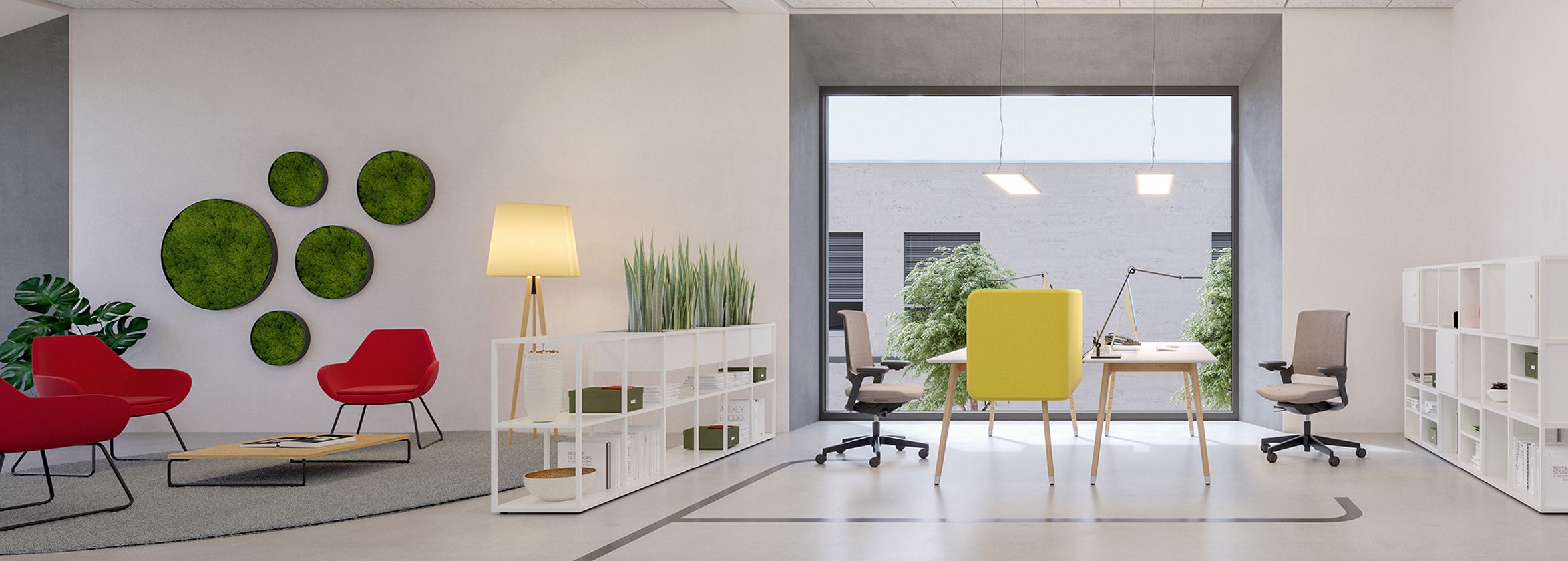 Le fauteuil rembourré Fan avec table d'appoint est séparé par une étagère basse de la table de bureau JustBe de VS.