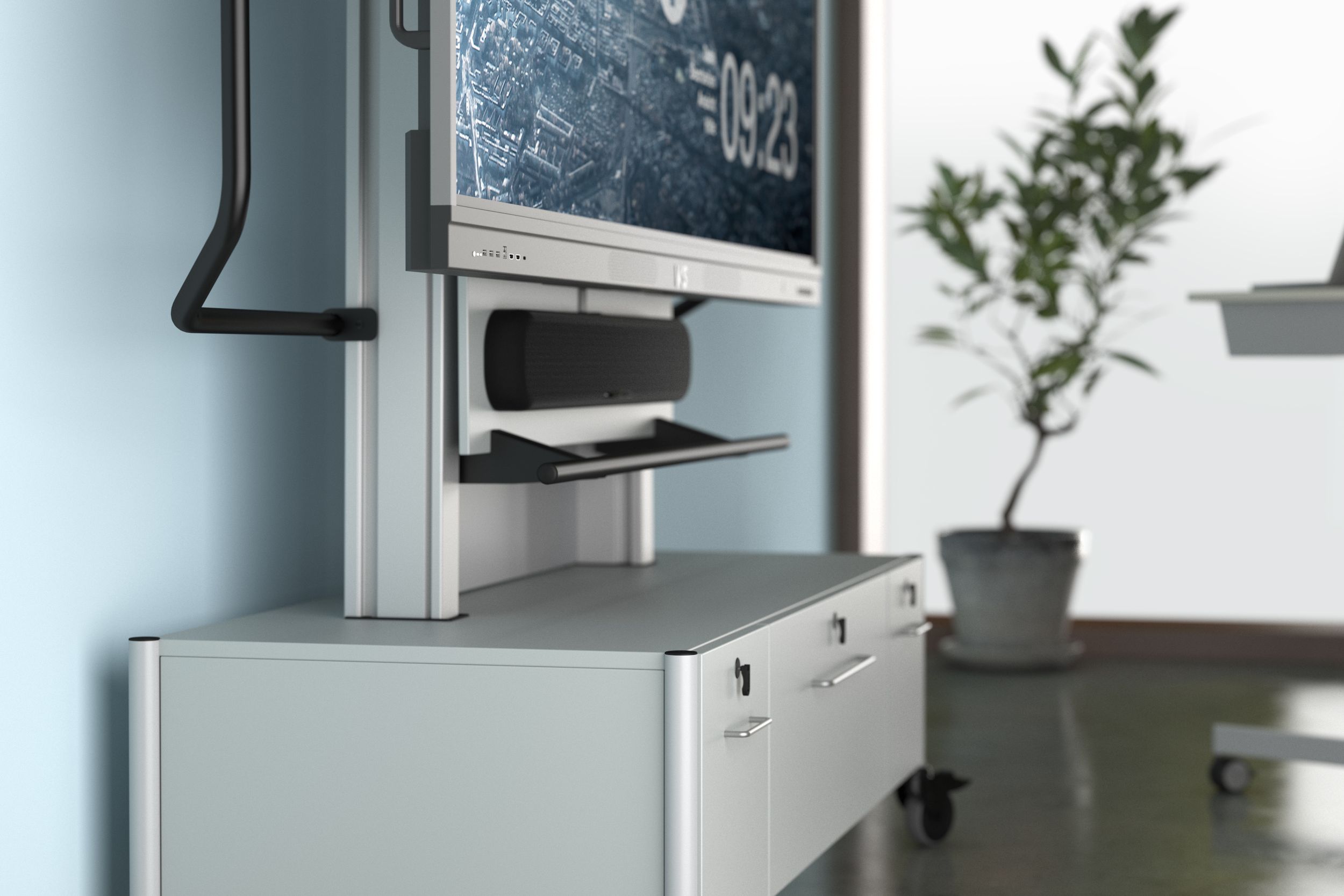 Close-up view of a mobile VS support system with a gas spring and built-in base cabinet – flexible and height-adjustable for use throughout the school building