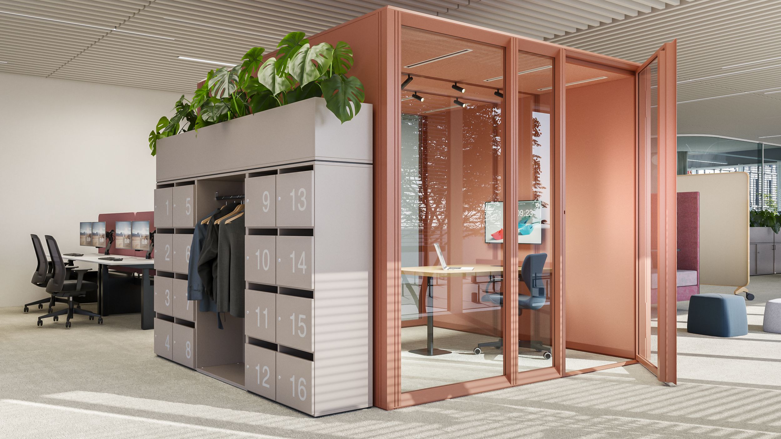 Un « espace dans l'espace » couleur saumon au bureau