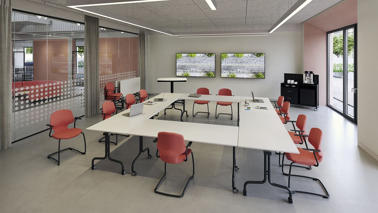 Conference room with FlipTable folding tables and JUMPER upholstered office chairs