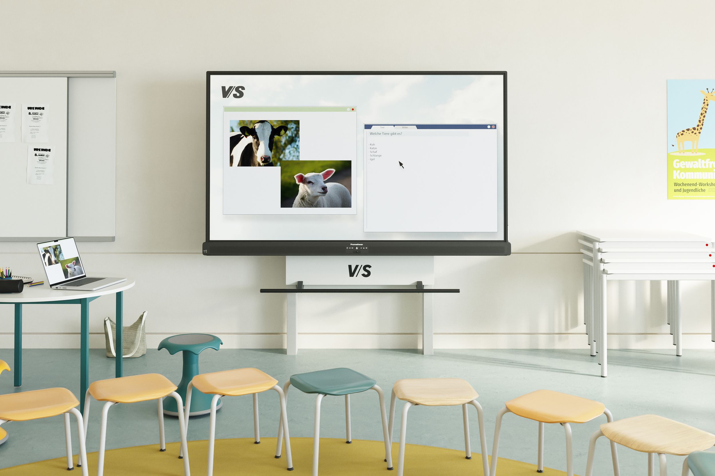 The Promethean ActivPanel 10 mounted on a VS mounting system displays two sources simultaneously in picture-in-picture mode—in front of it are the VS Jumper Ply Stool and the VS Hokki stool