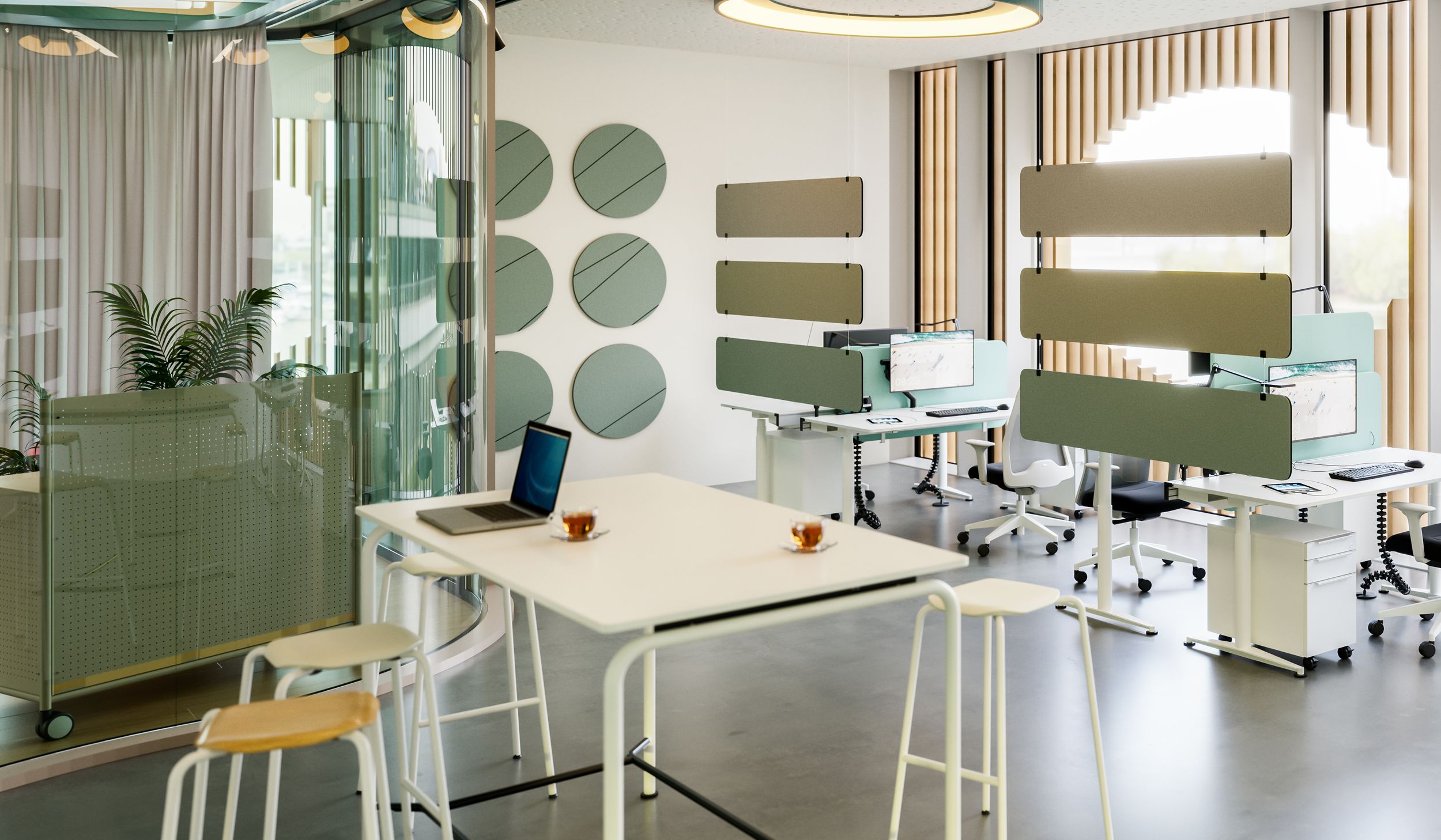 Office space in shades of mint with CrazyPanel acoustic elements
