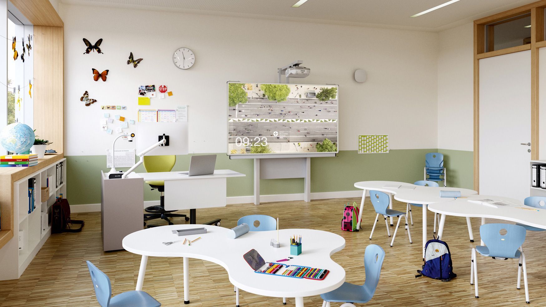 A primary school classroom with free-form tables Puzzle and the interactive whiteboard MediaPilon by VS