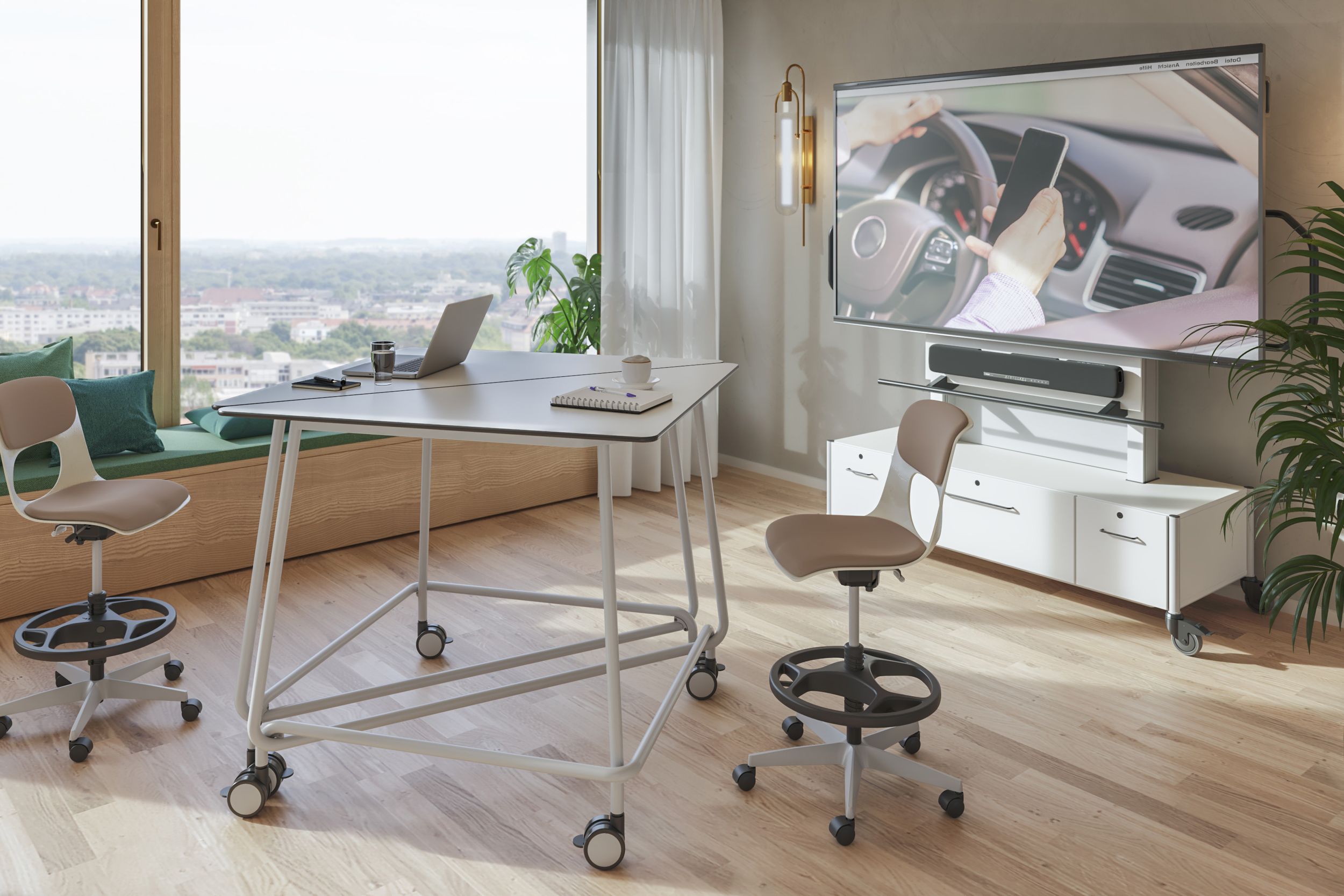 Modern meeting room with high-back seating and mobile display