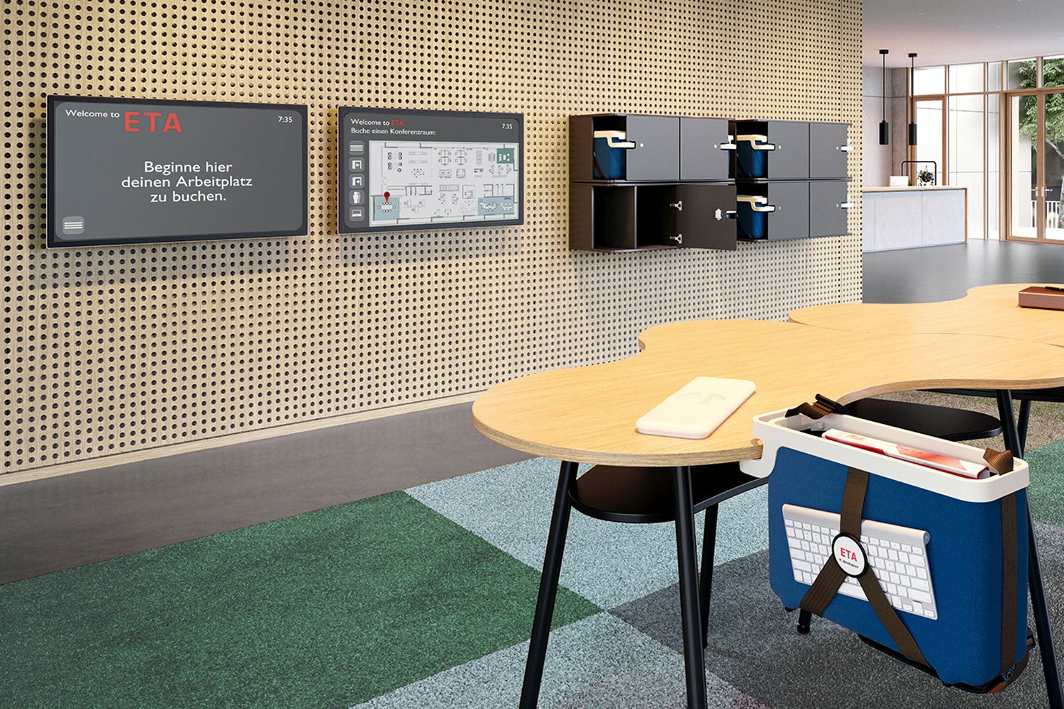 SmartOffice lobby with lockers eddy-Lockin and room booking on interactive displays by VS