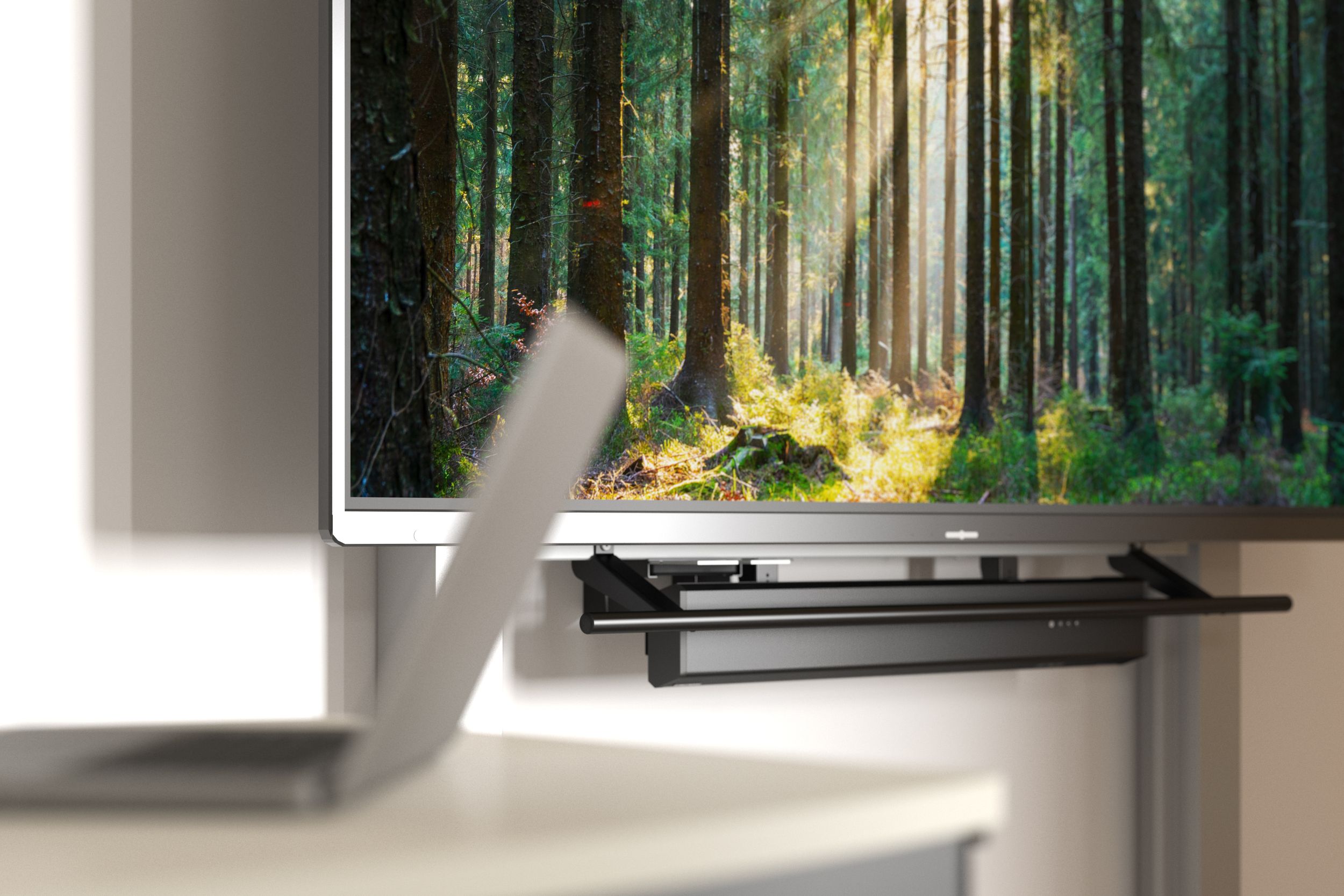 CTOUCH Riva R2 display on a VS MediaPilon-GF mounting system featuring an illuminated forest motif – the eco-friendly sustainability bundle for classroom use
