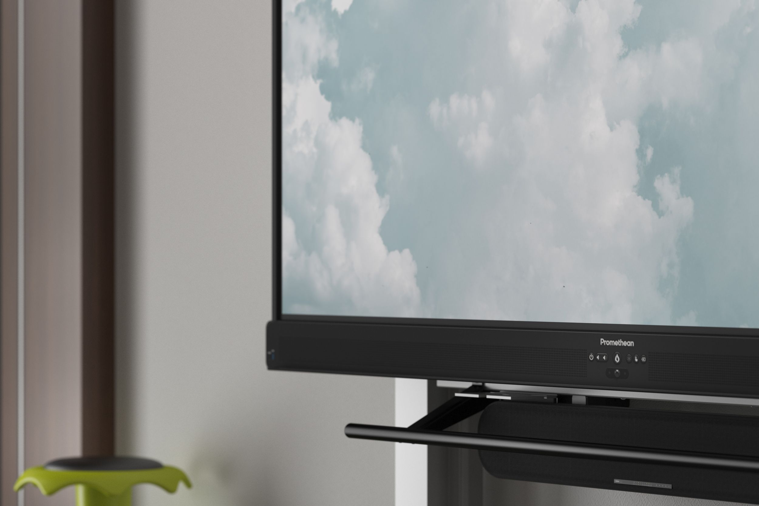 Close-up of the Promethean ActivPanel 10 on a VS mounting system – featuring the speaker bar and controls, with a green VS Hokki in the background