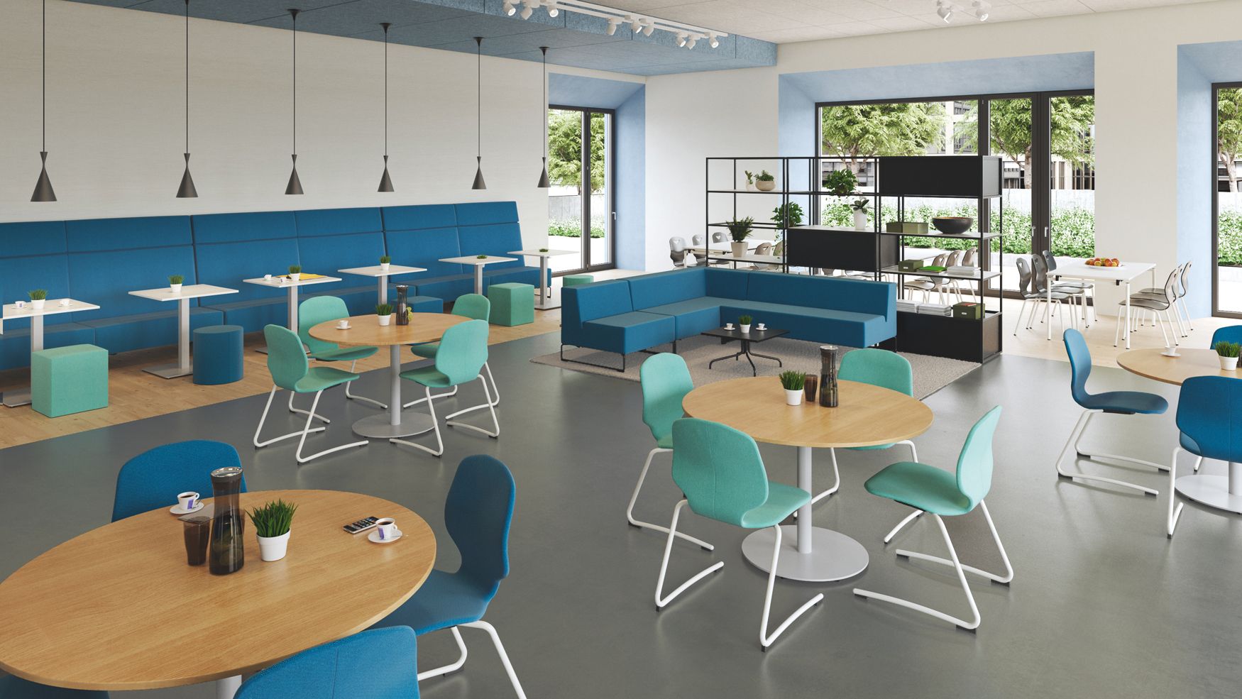 A bistro with round tables, turquoise-blue JUMPER chairs, long padded seating units, and a blue sofa; open shelves divide the seating areas.
