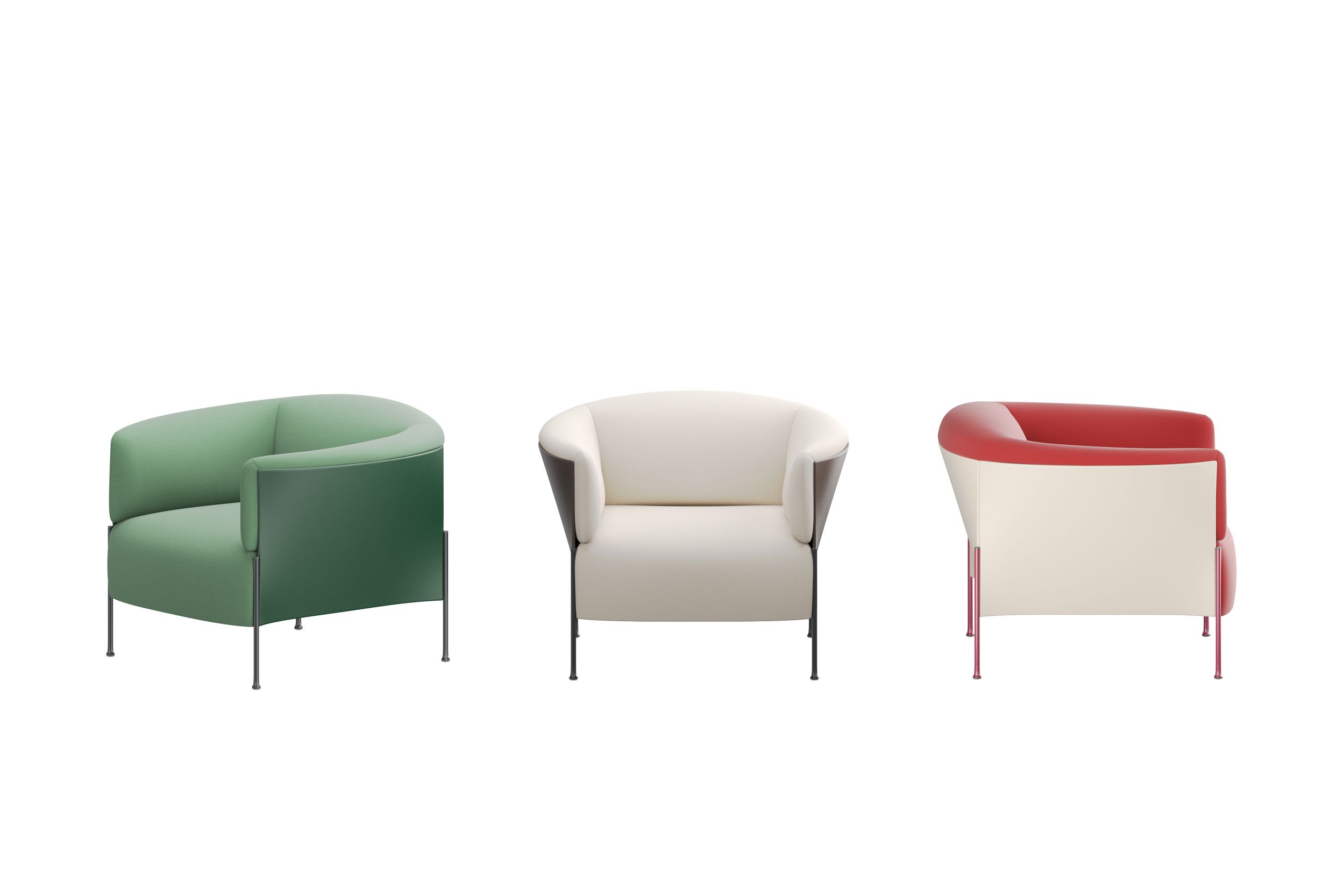 Omnia armchairs in green, white and red and white on a black metal frame