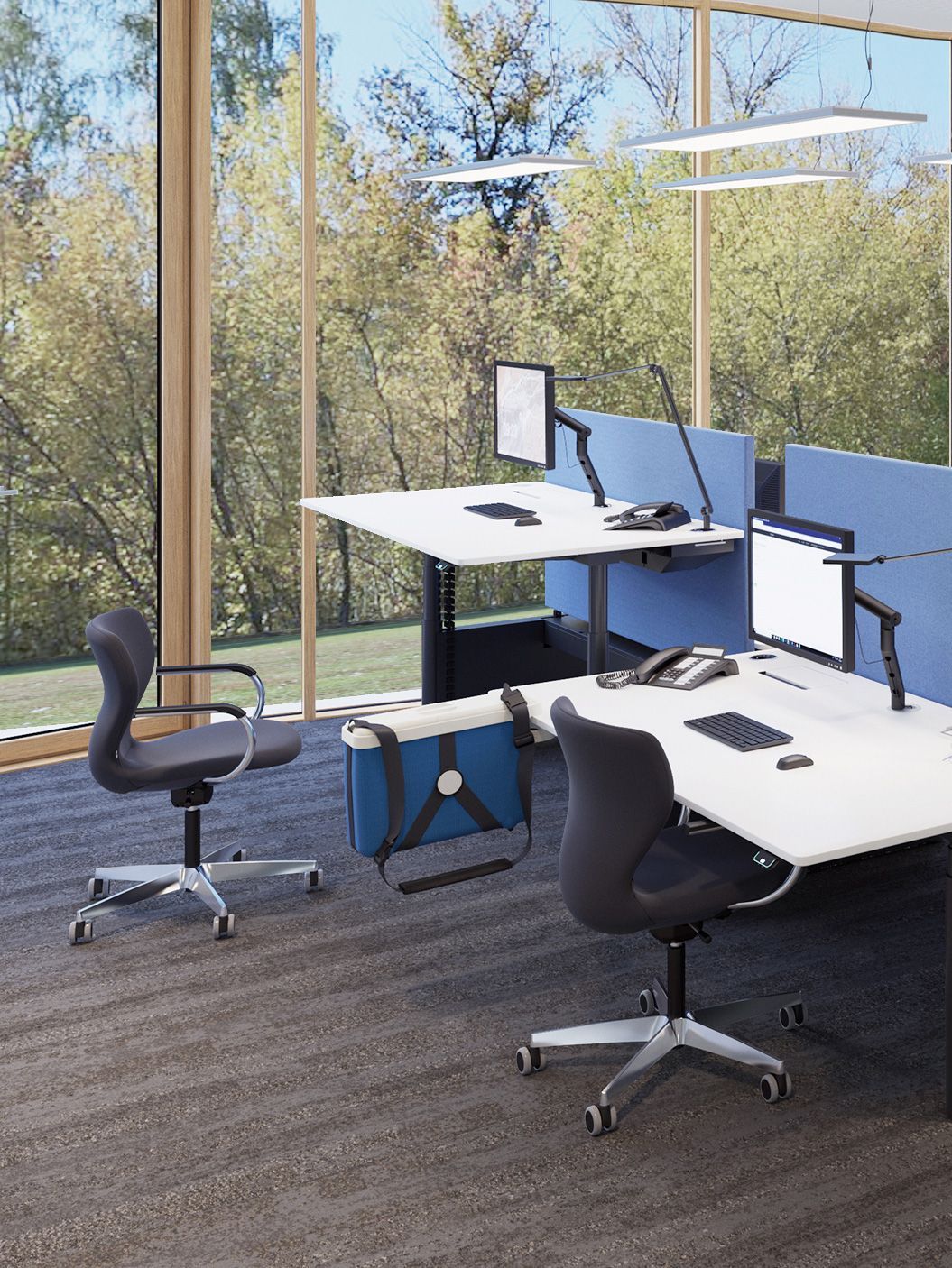 Height-adjustable office desks Pareto with privacy screens and attached eddy tool bag by VS