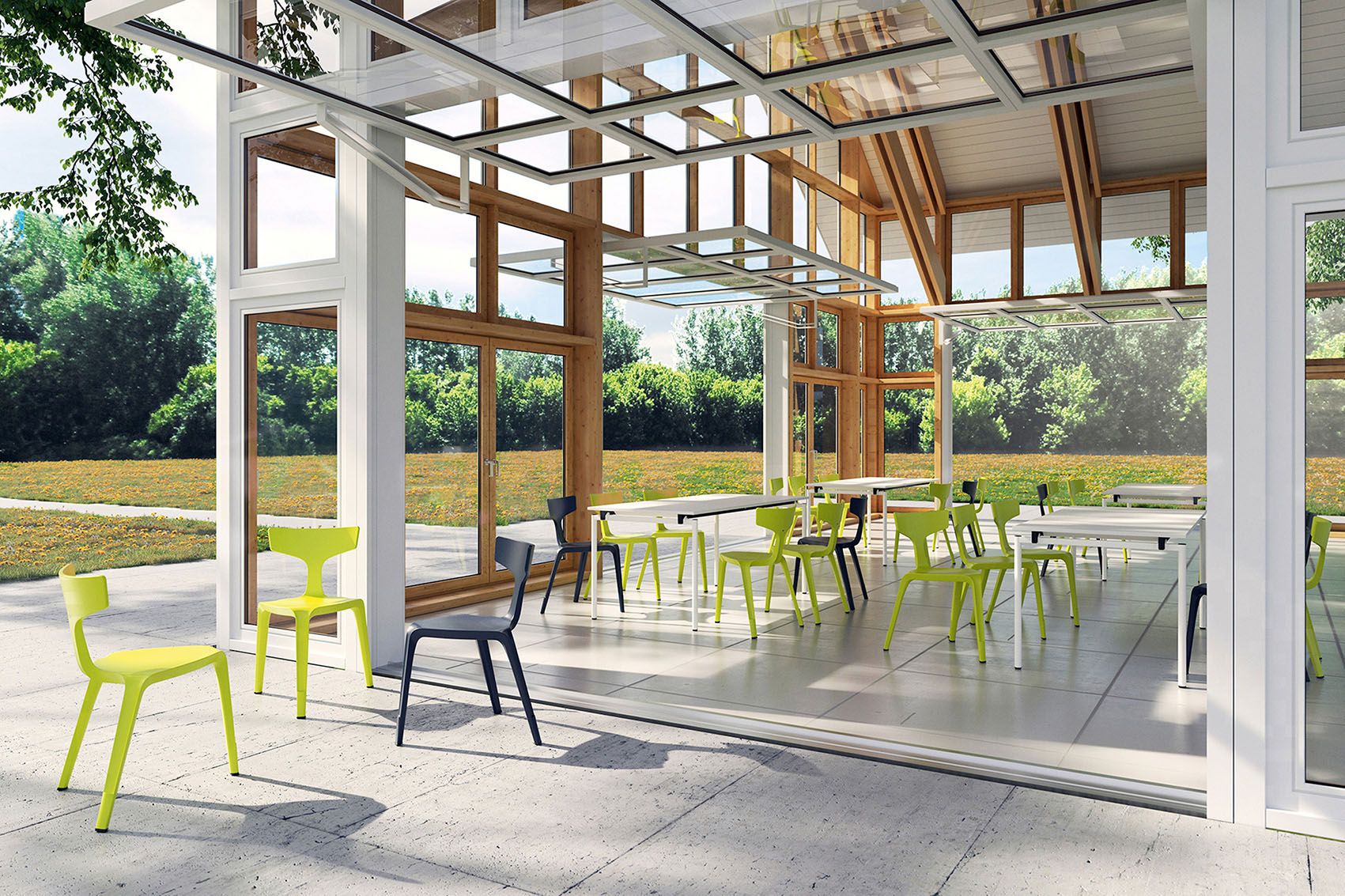 VS Stakkis outside on the terrace and inside in the dining area of a cafeteria