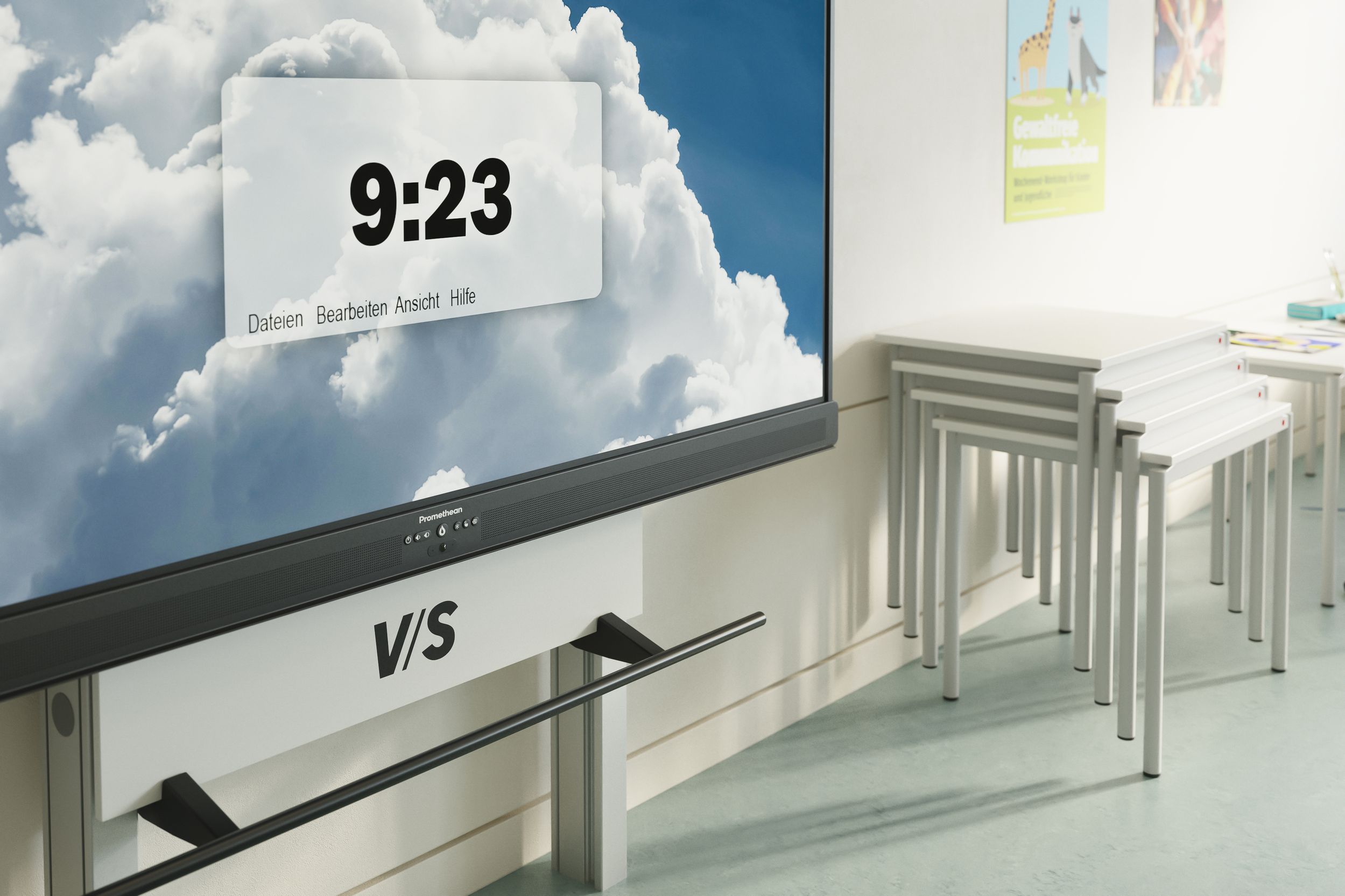 Close-up of the built-in soundbar on the Promethean ActivPanel 10 Premium mounted on a VS mounting system – featuring an 8-microphone array for clear voice transmission in the classroom