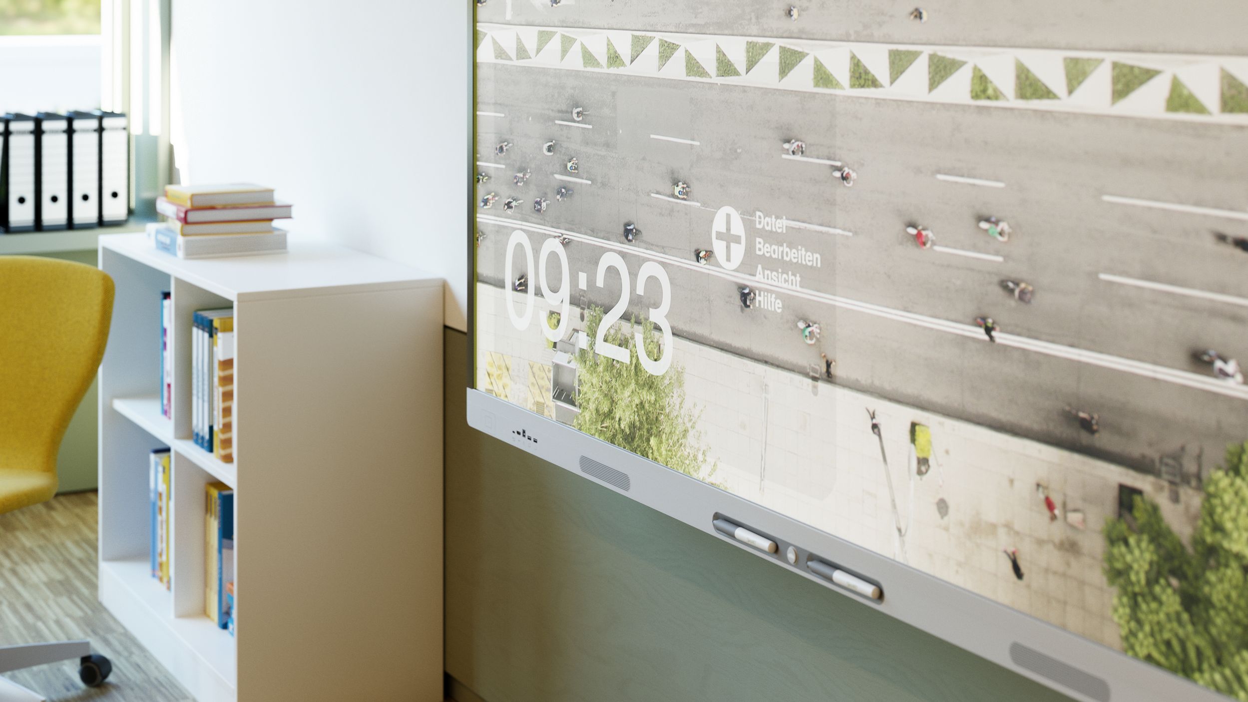 Close-up of a SMART Board MX displaying an aerial view of a street and a timer – mounted on an olive-green wall next to a bookshelf