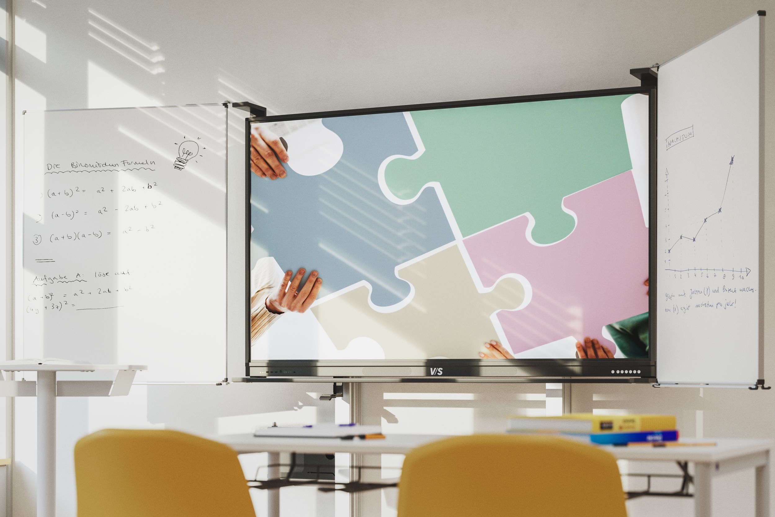 Screen with mounting system in a modern and bright classroom