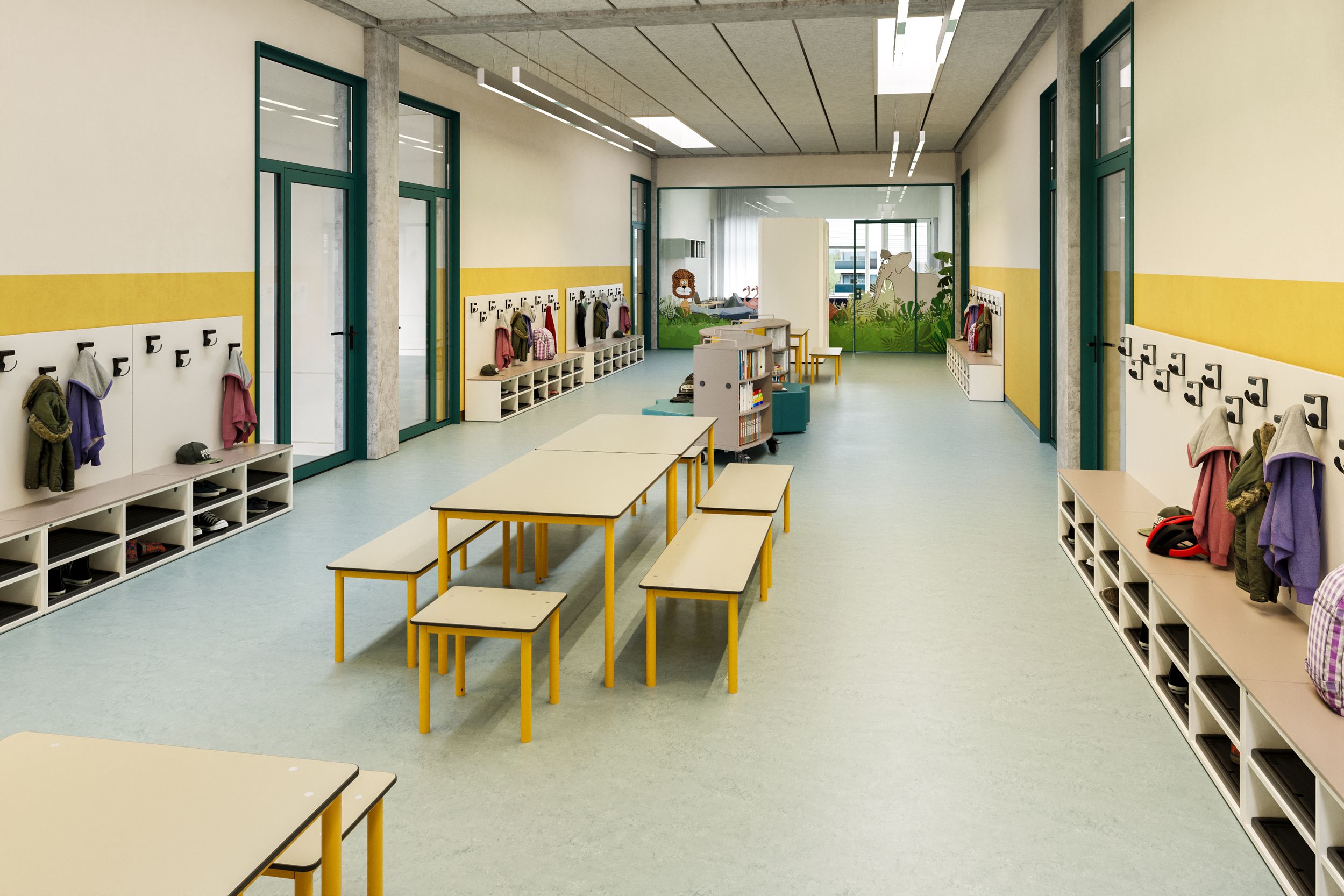 Schulflur als Lernort mit brandschutzgerechten Prevent-Tischen und -Bänken sowie Garderobenelementen von VS