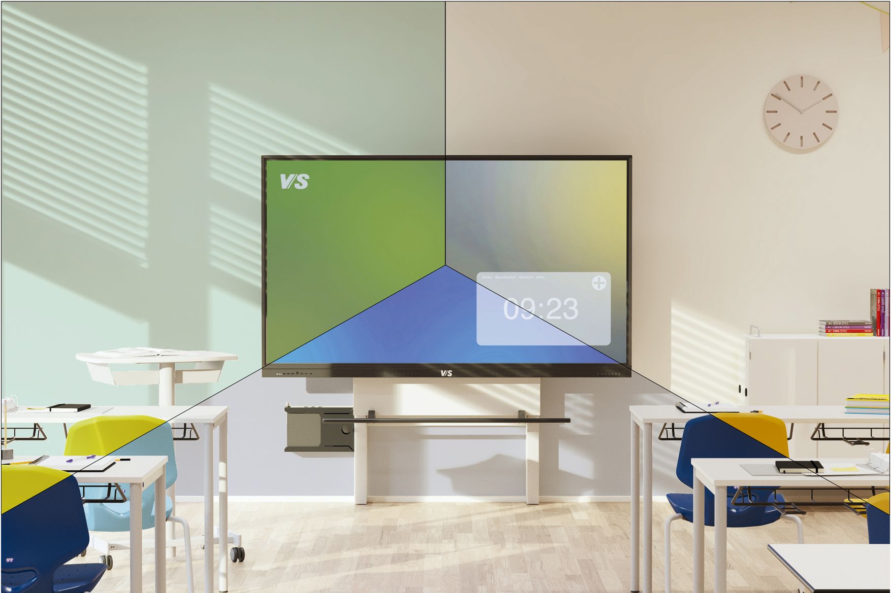 VS DUAL Display in the classroom with a split screen – demonstrates the simultaneous use of multiple operating systems.