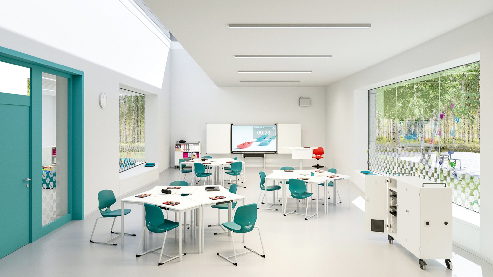 A classroom with furniture by VS: the JUMPER student chair, the asymmetrical Tano desks and a MediaPilon interactive whiteboard