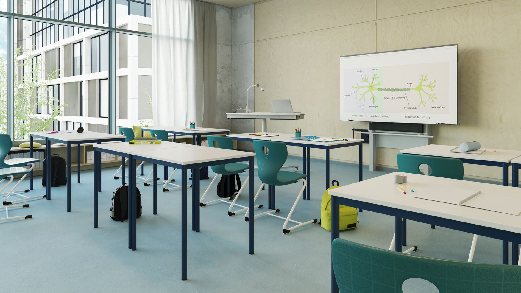A classroom at a secondary school featuring EcoTable sliding-leg desks, student chairs, and an interactive display from VS