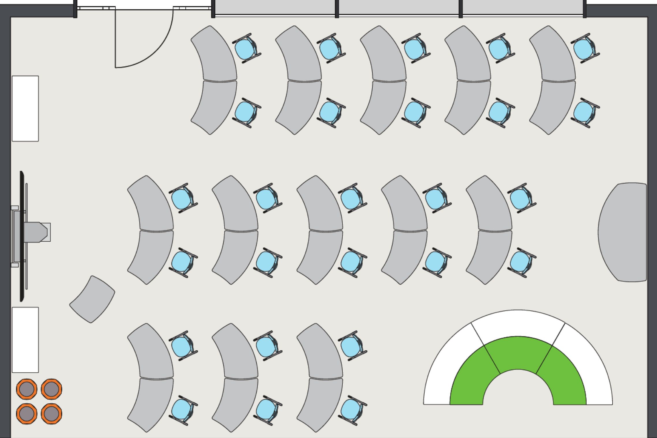 Room layout of a classroom with mobile Shift+ furniture by VS as a standard classroom with a relaxed sitting area
