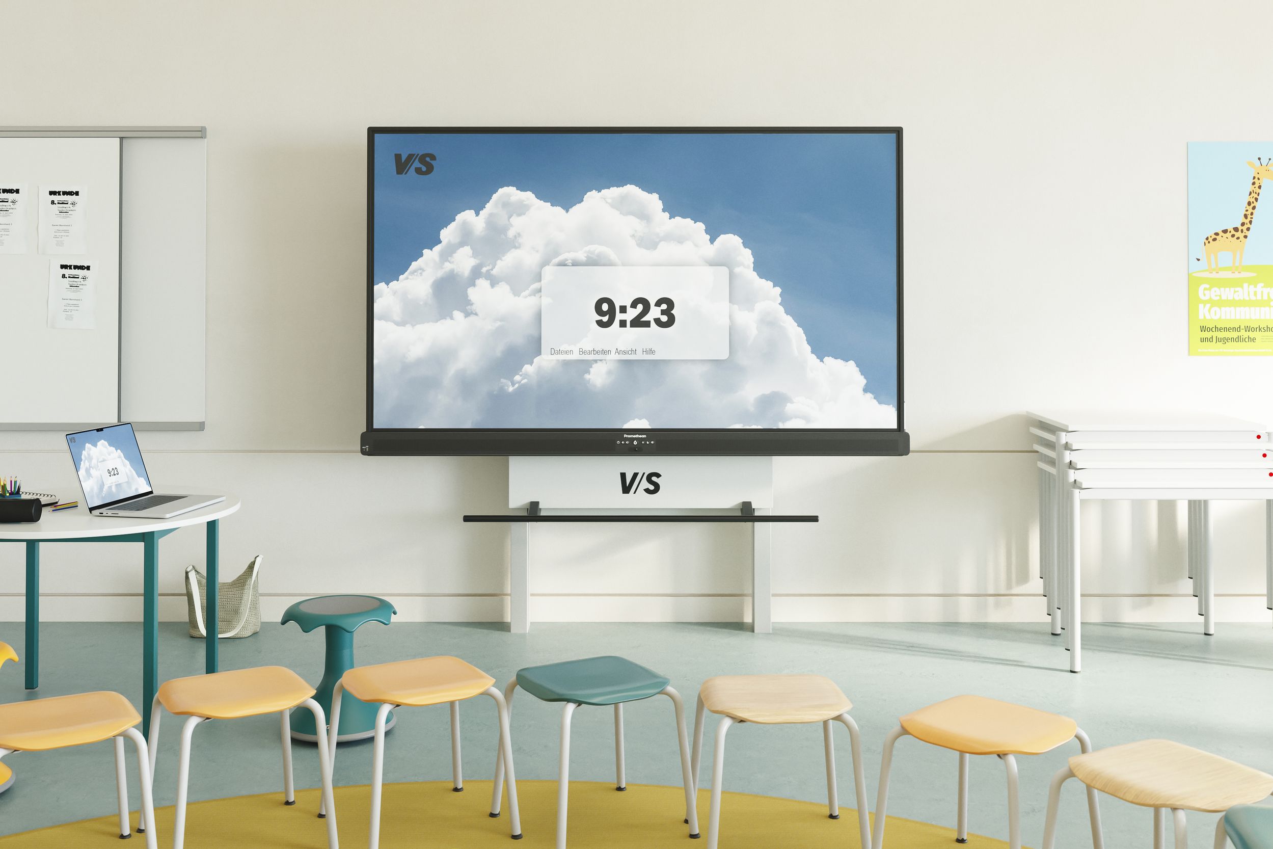 Promethean ActivPanel 10 Premium on a VS mounting system with stunning QLED cloud imagery – in front of it, a VS Jumper Ply Stool and a VS Hokki stool in yellow and teal