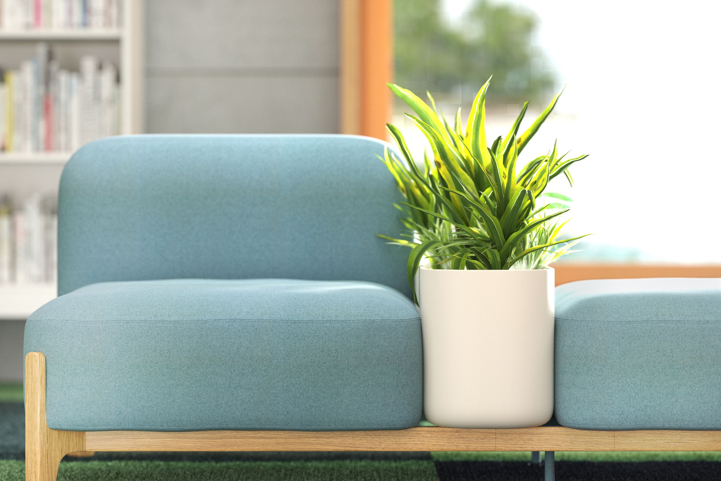 A light blue sofa without armrests, shown in a close-up