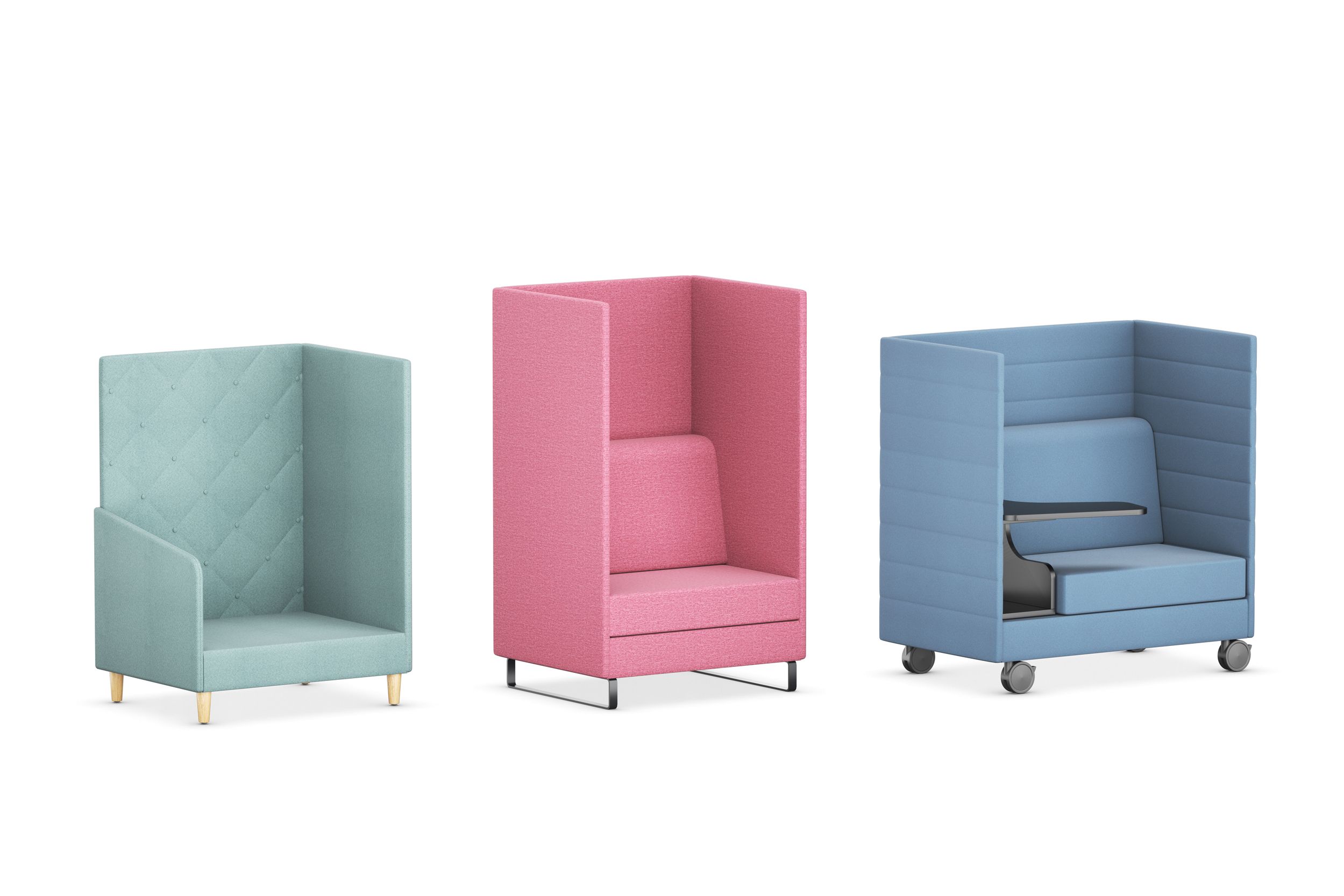 Three different variants of the Atelier lounge furniture. The lounge is available in a variety of customizable options, including different upholstery, colors, wall contours, stitching, and bases.