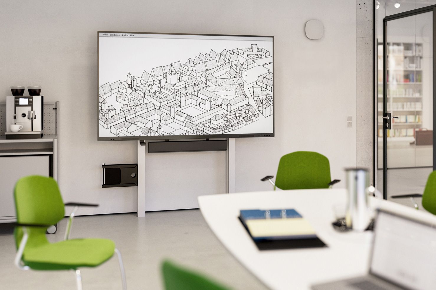 VS Display on a MediaPilon EL mounting system in the conference room, paired with VS Jumper Air chairs in green – silent, precise electric height adjustment at the touch of a button.