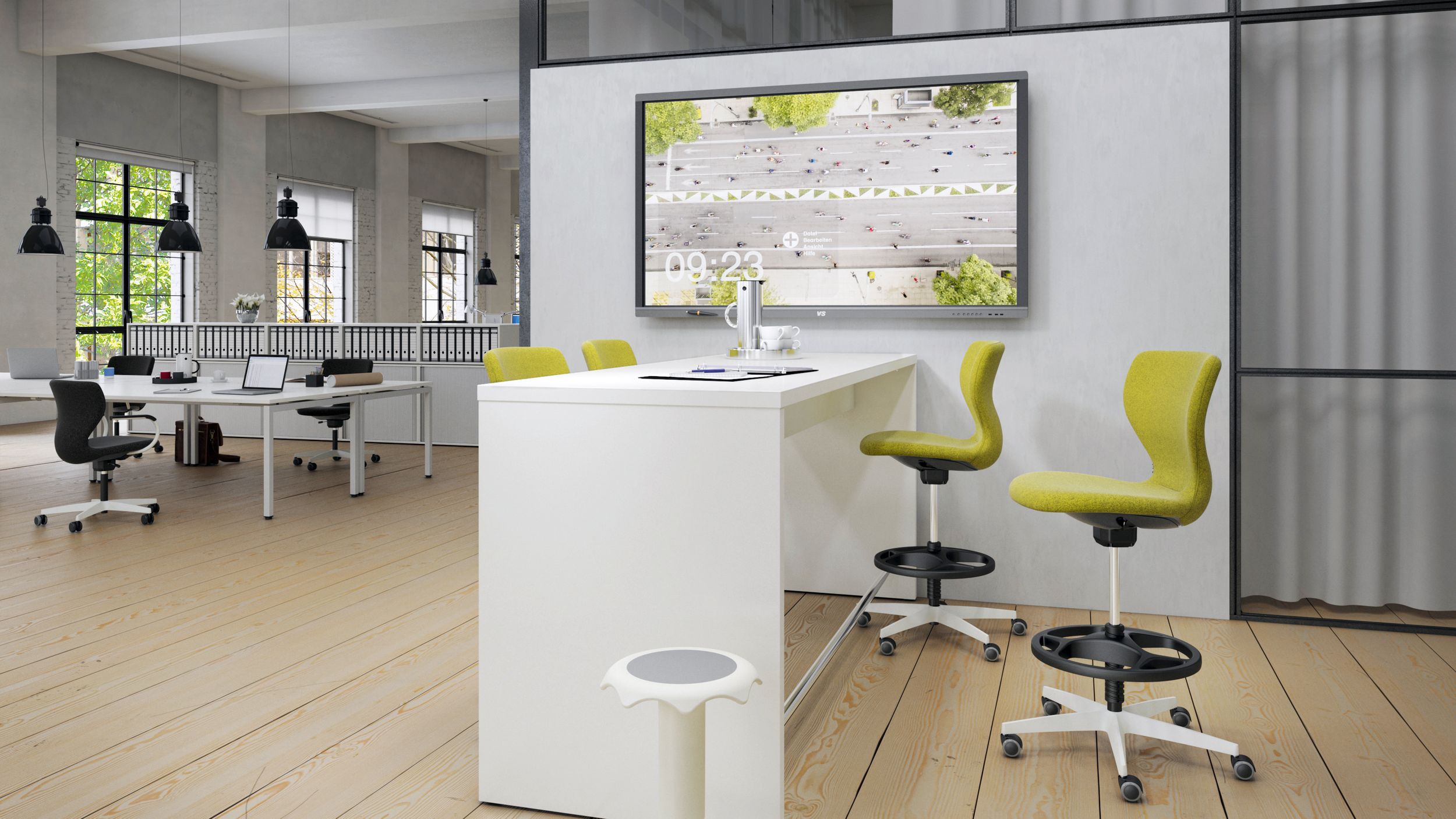 Example of a smart office: illustration of a modern and bright office with ergonomic chairs and tables by VS and a screen