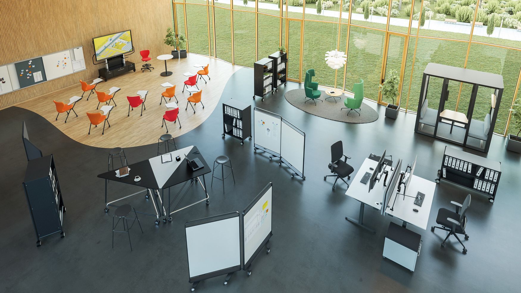 Projektarbeitsraum mit VS-Stehtisch TeamTable, JUMPER Stühlen mit Schreibablage vor einem interaktiven Whiteboard und HiBack Sesseln als Besprechungsecke