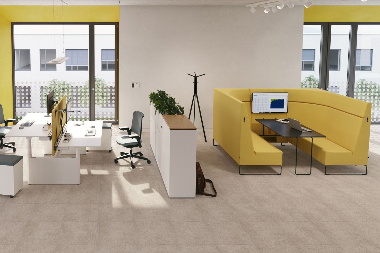 Espace de bureau avec canapé HiBack de la série Lounge, couleur jaune