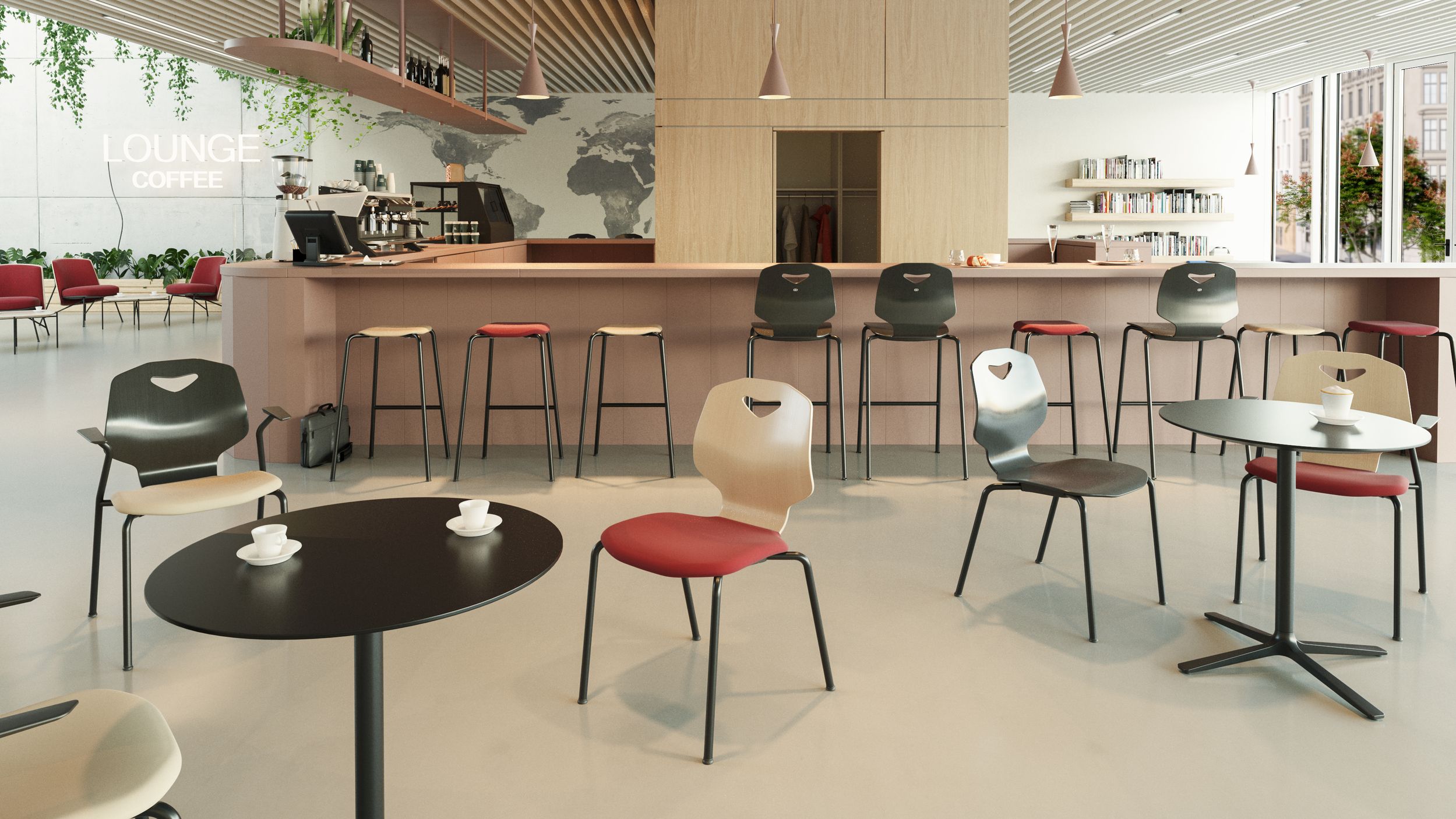 A modern office bistro with a coffee lounge counter, round tables, wooden and anthracite chairs with red seat cushions, and bar stools at the counter.