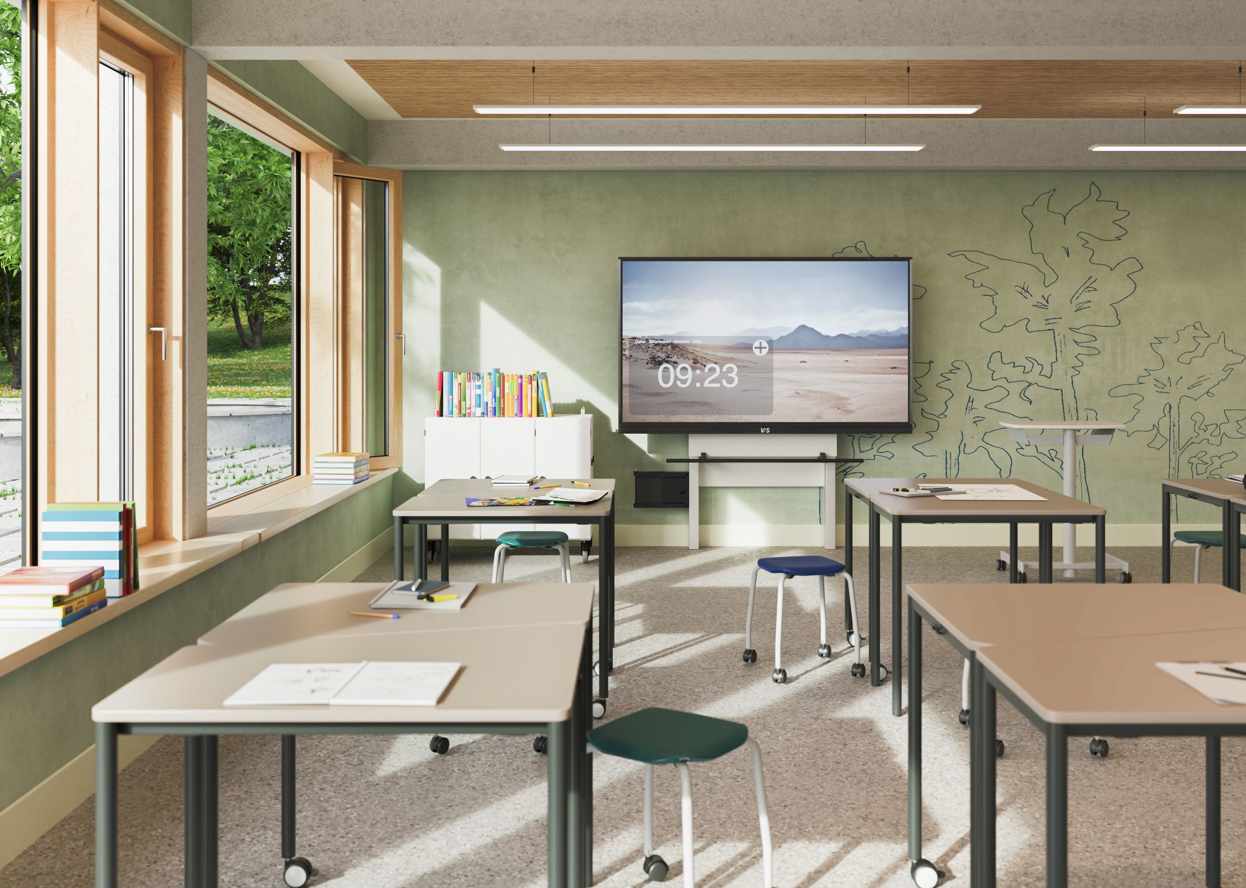 A bright classroom featuring VS Triunion desks, VS Jumper Air Stool stools in green and blue, and a VS DUAL display on the green wall.