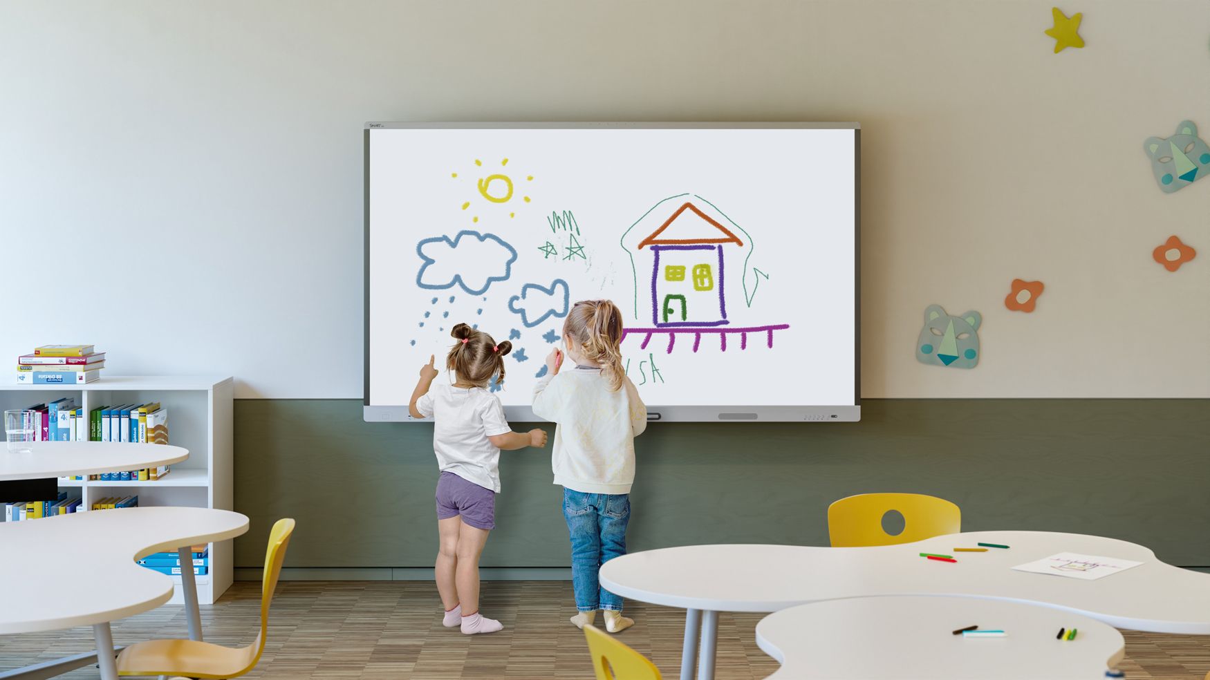 SMART MX Series display being used by two children simultaneously in a classroom.