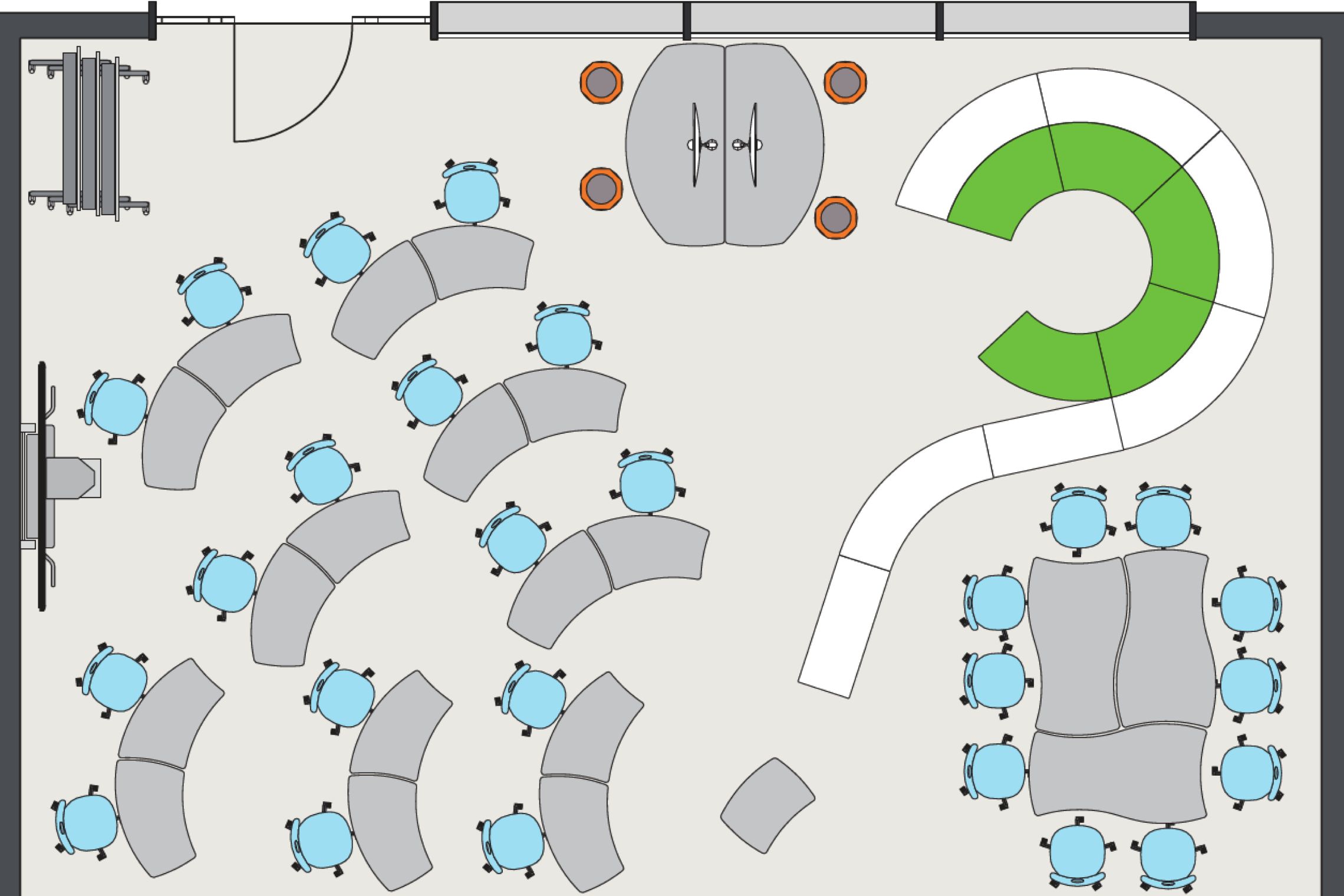 Room layout of a classroom with mobile Shift+ furniture by VS with different learning areas like standard classroom, group work, and a relaxed sitting area