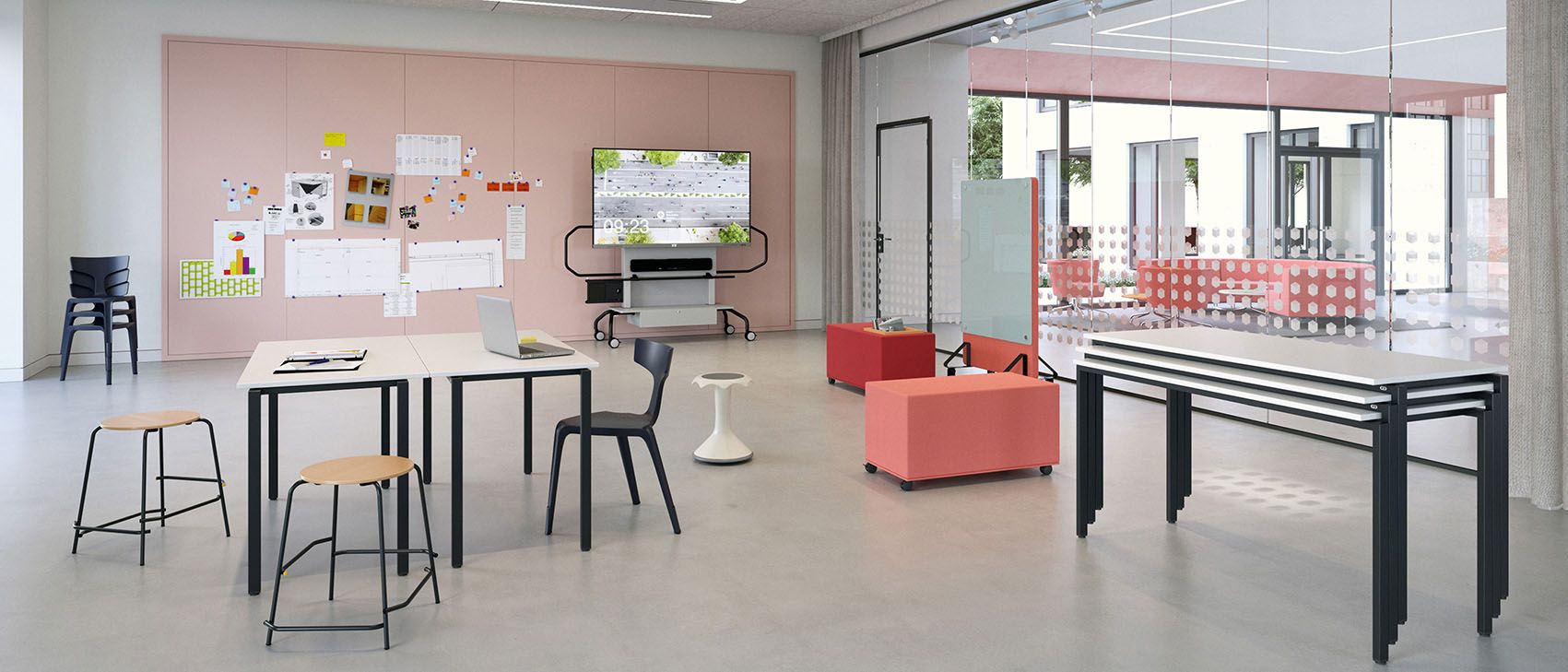 Workspace with stackable VS tables and VS Stakki chairs, mobile stools and interactive whiteboard