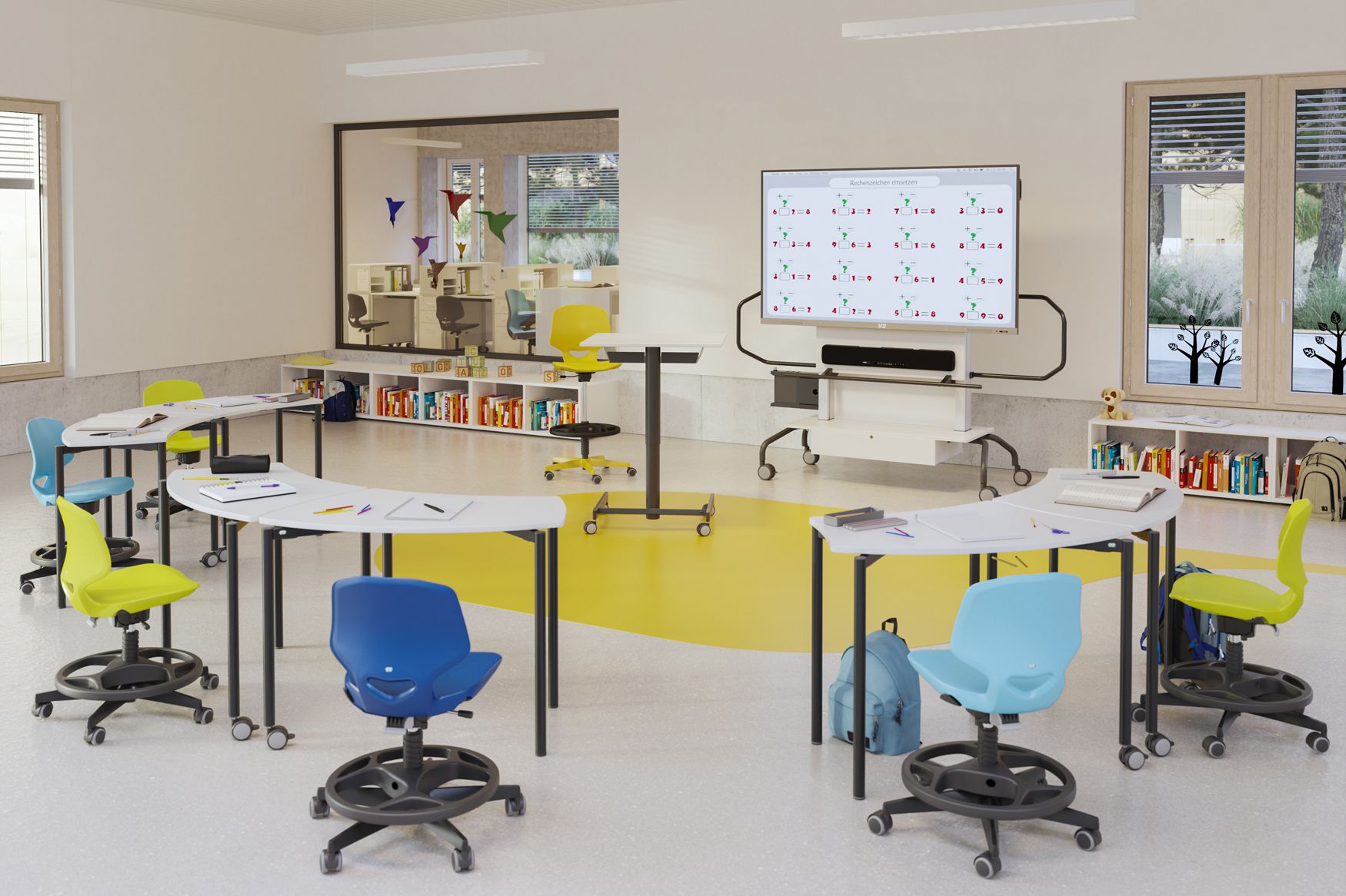 Modern differentiation room at schools with VS furniture and a display with height-adjustable carrier system