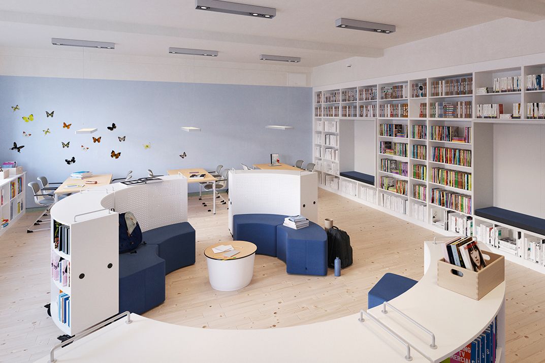 Study room with round Shift+ cabinets surrounding a seating area with Shift+ stools in the centre of the room