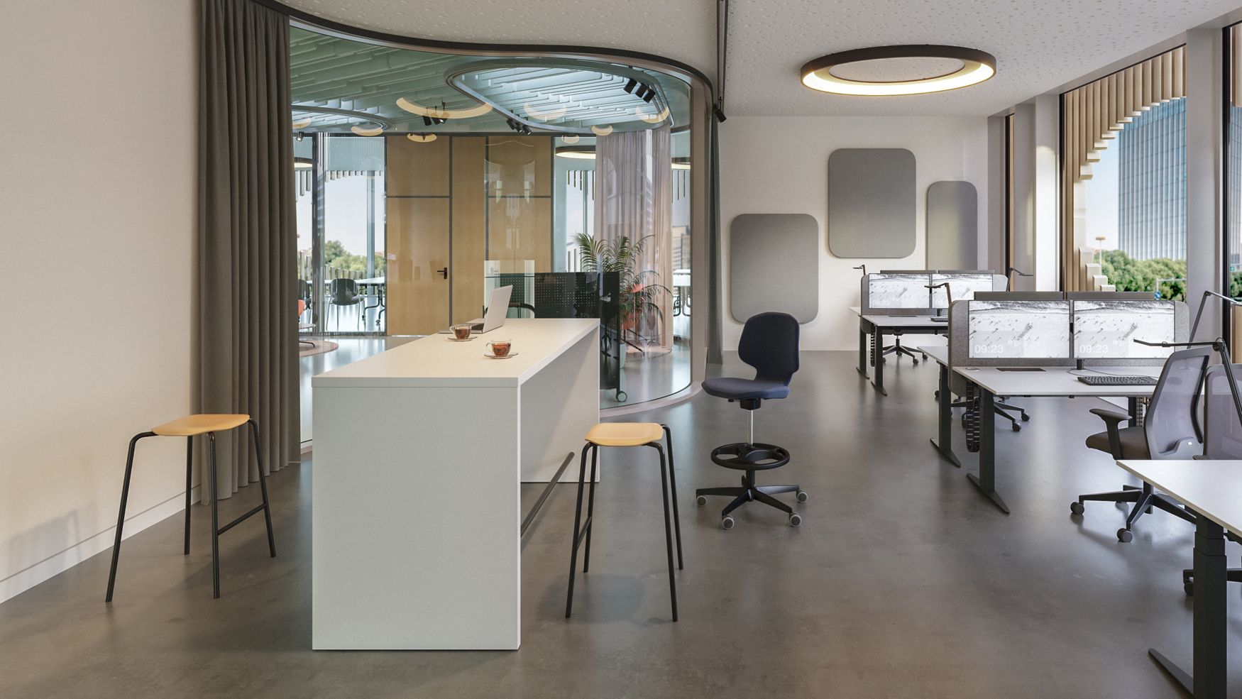 A meeting area with a tall white M-Table and JUMPER stools; behind it, workstations with monitors, office chairs, and acoustic wall panels.