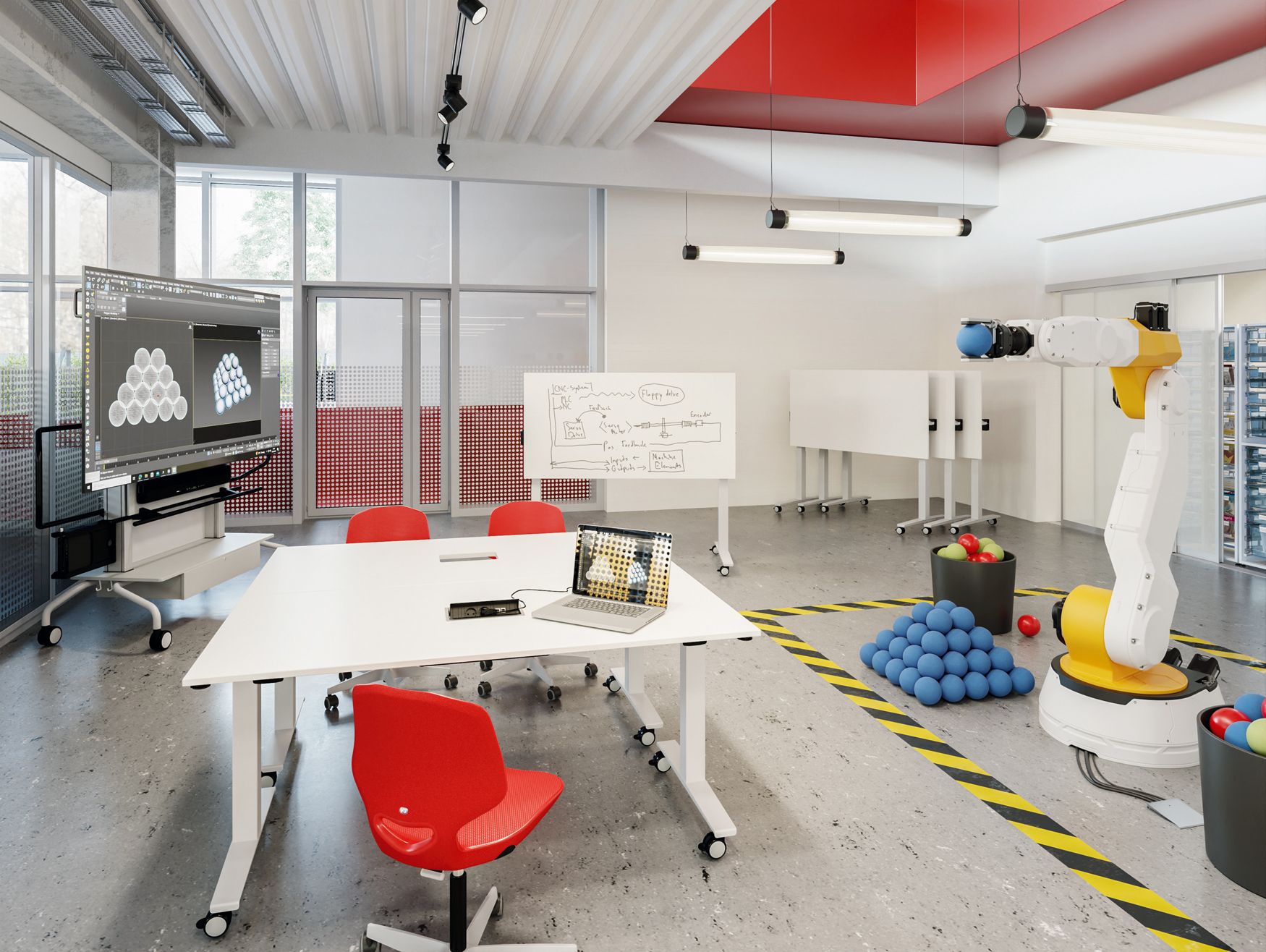 MINT-Fachraum mit Roboterarm, fahrbaren Tischen, roten Schülerstühlen, Whiteboard und interaktivem Display von VS
