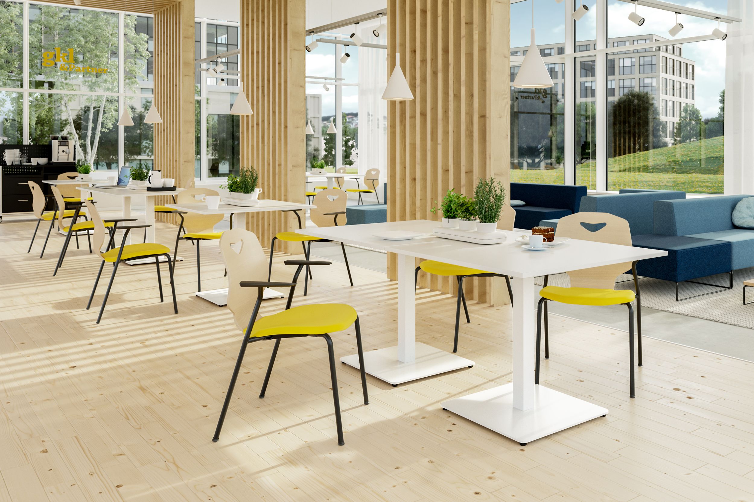 Bistro mit weißen Tischen und gepolsterten Stühlen.