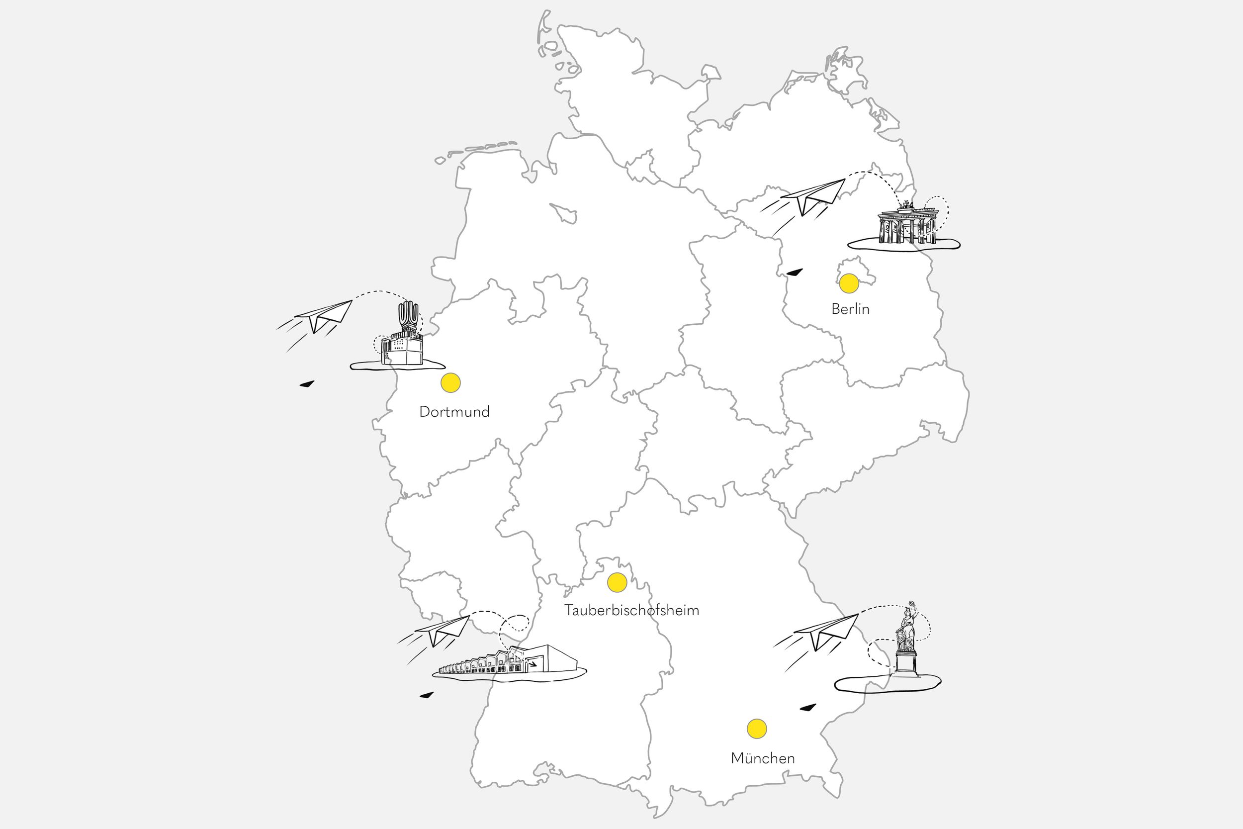The four VS branch offices are marked on a map of Germany: Berlin, Dortmund, Munich and Tauberbischofsheim.