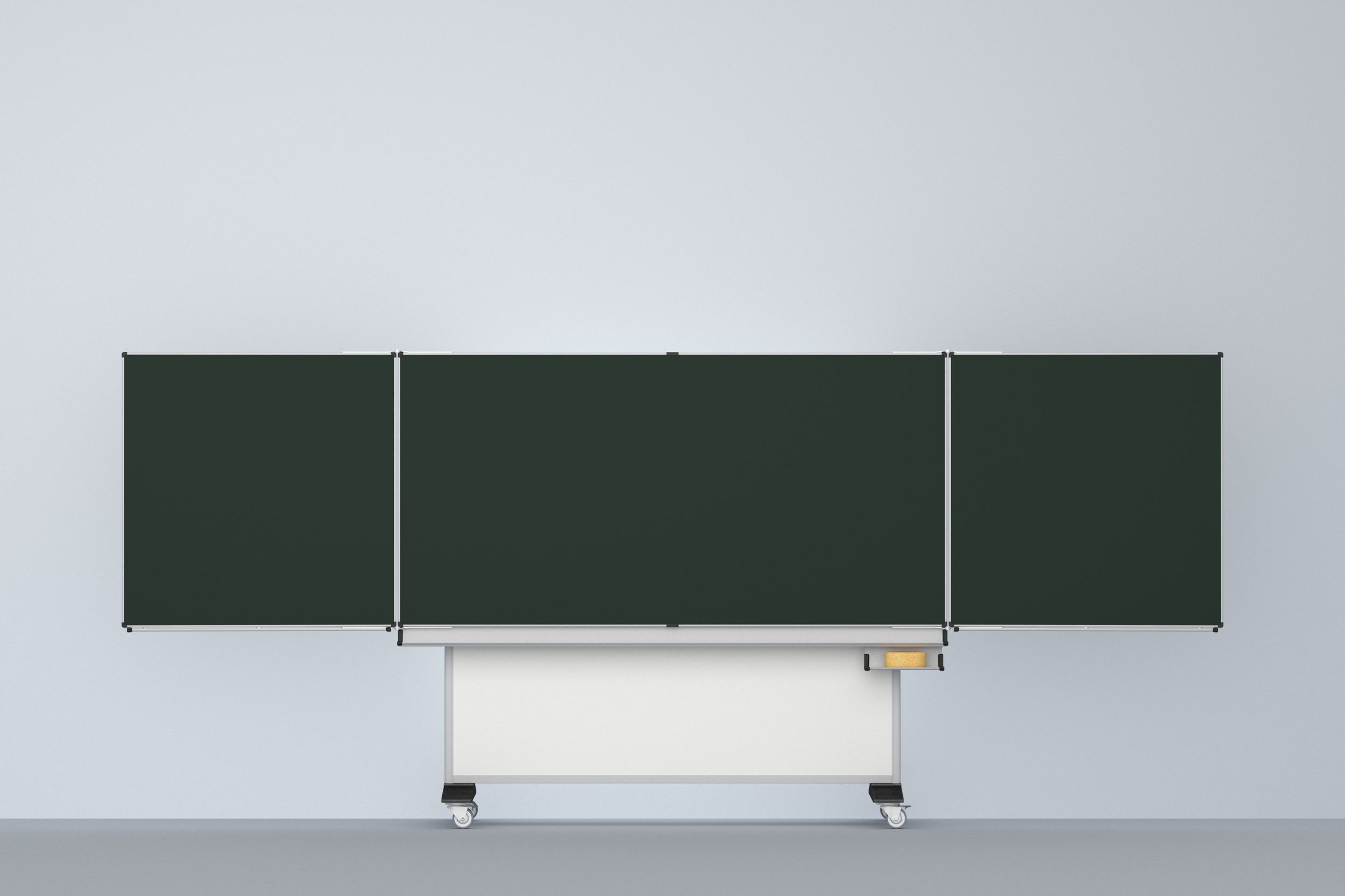 VS folding-sliding chalkboard on casters with unfolded side panels and a green chalkboard surface