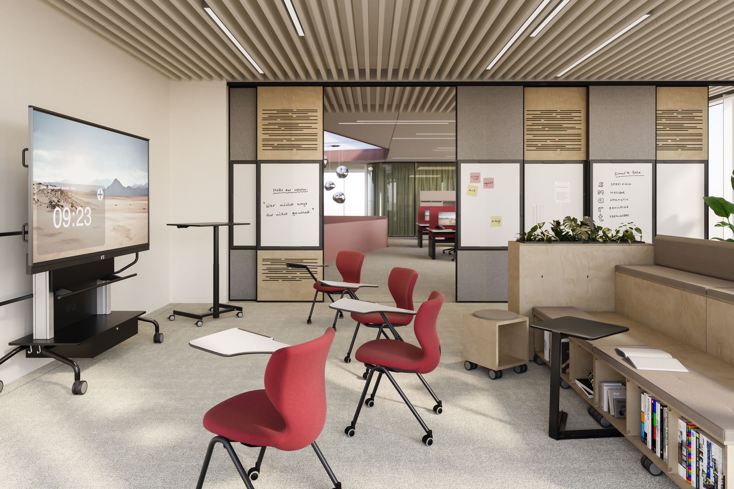 Flexible office workshop space with mobile red chairs featuring writing trays, a mobile VS display, and a writable whiteboard wall with acoustic panels.
