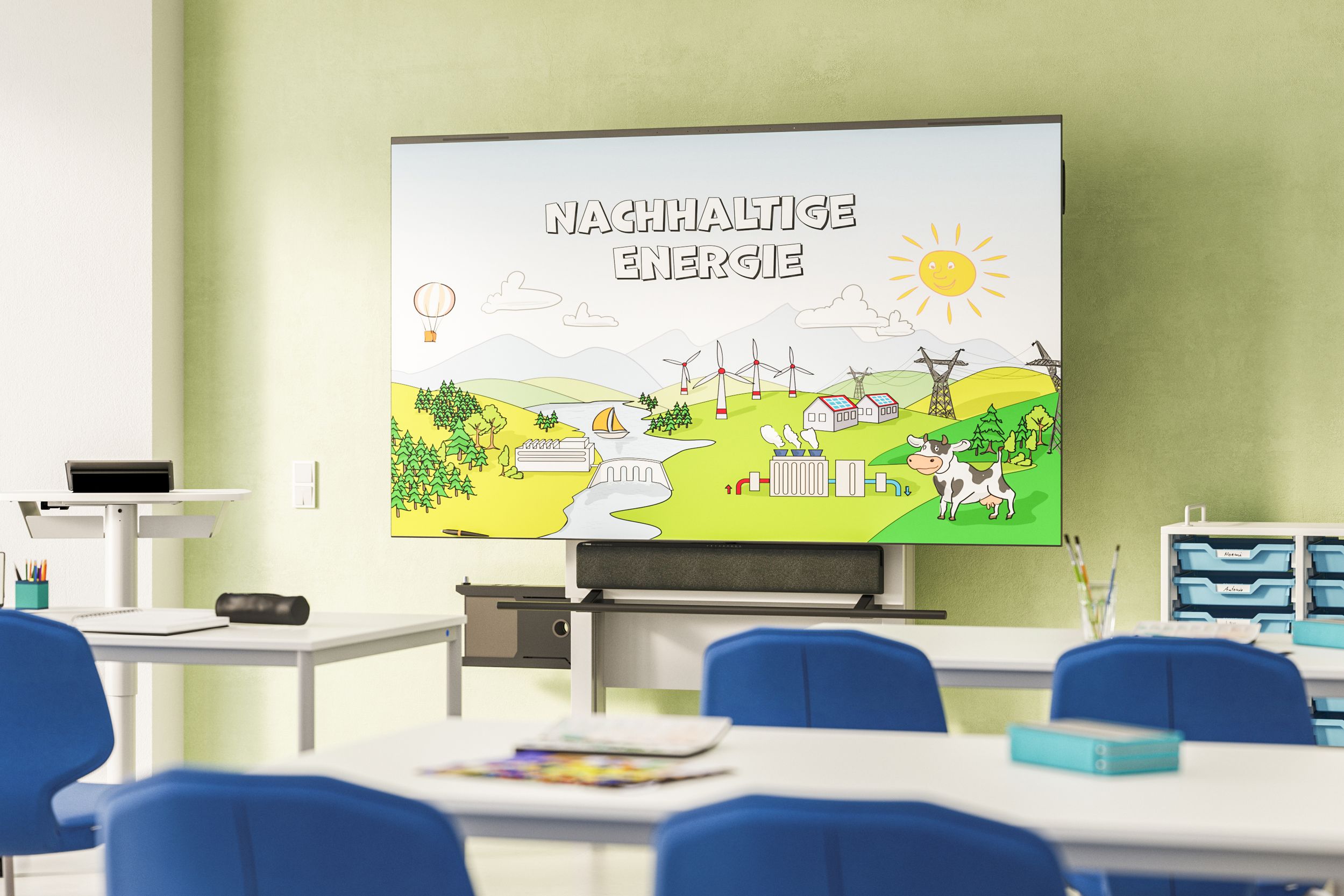 VS display on a MediaPilon-GF mounting system in the classroom – showing a lesson slide on the topic of sustainable energy, demonstrating the principle of a gas spring that operates without electricity