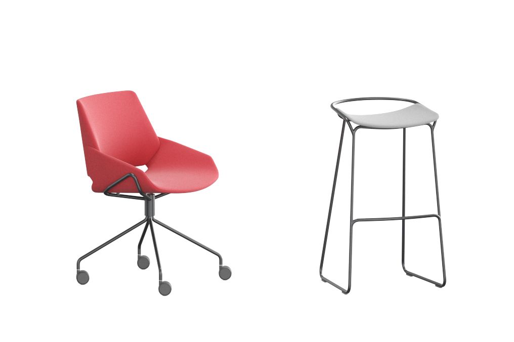 Prostoria Monk wheelchair in red and bar stool with sled base