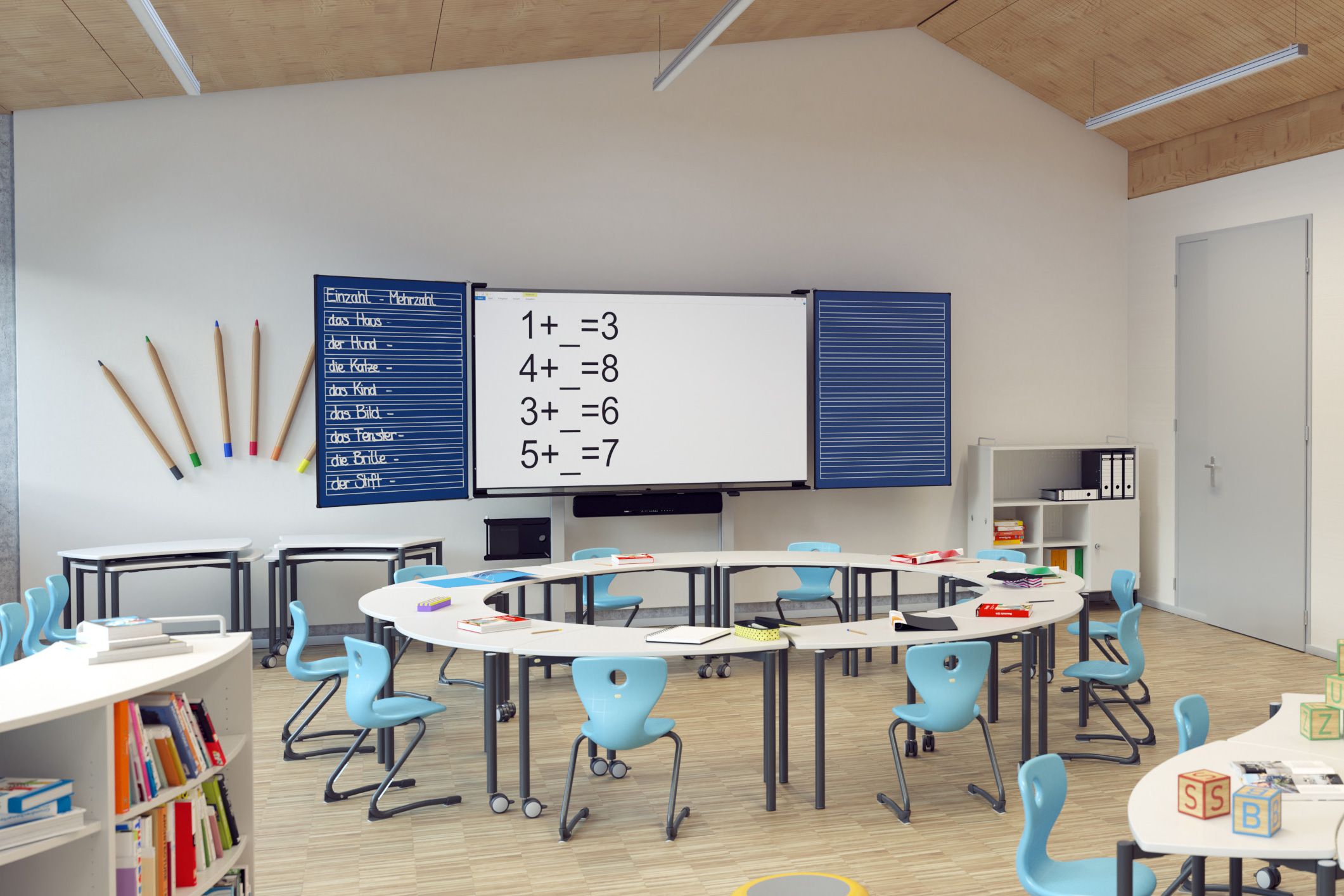 Primary school classroom with display and blackboard wings
