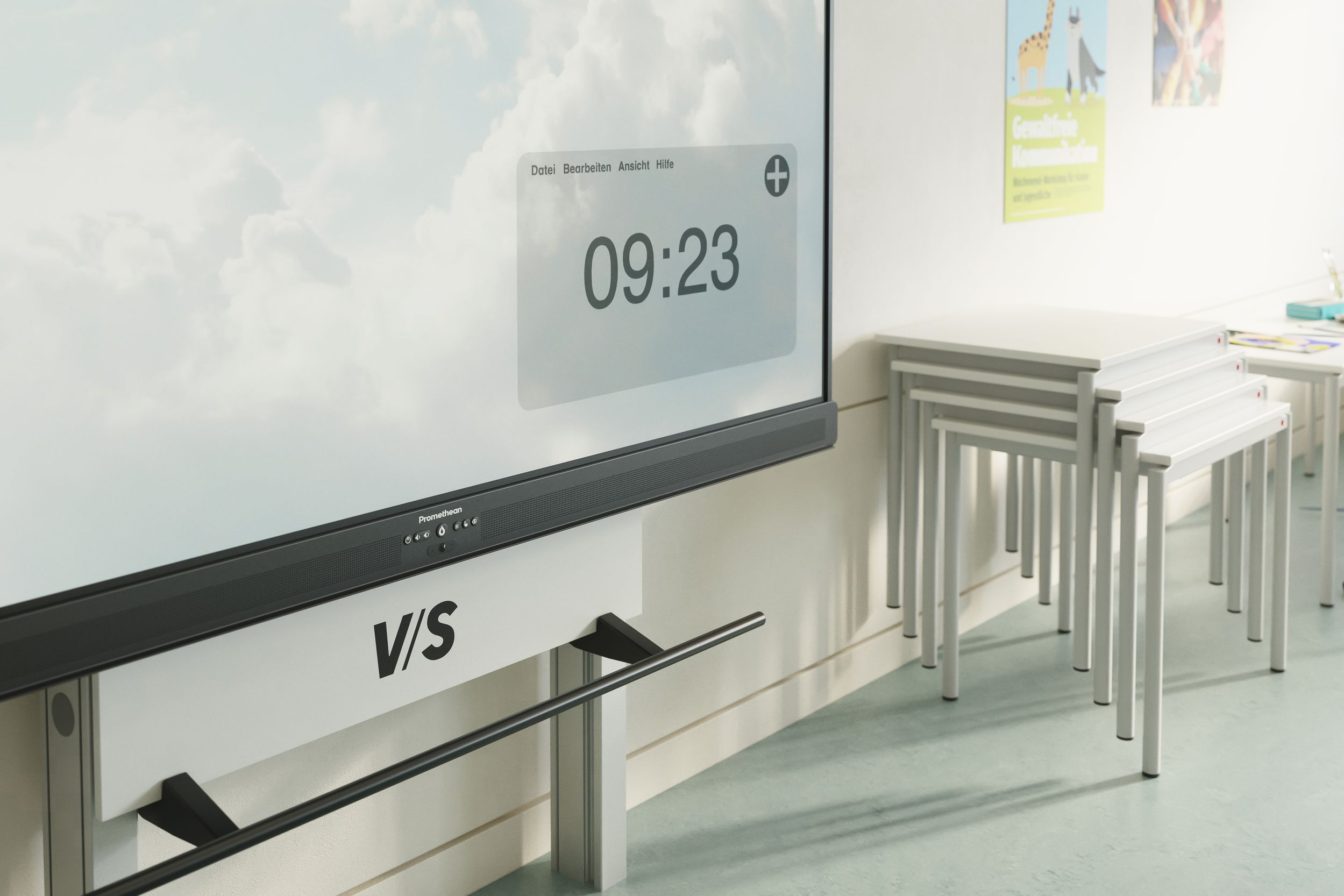 Promethean ActivPanel 10 mounted on a VS mounting system in a classroom with VS Cross-R desks in the background – LED technology for vibrant colors and outstanding contrast