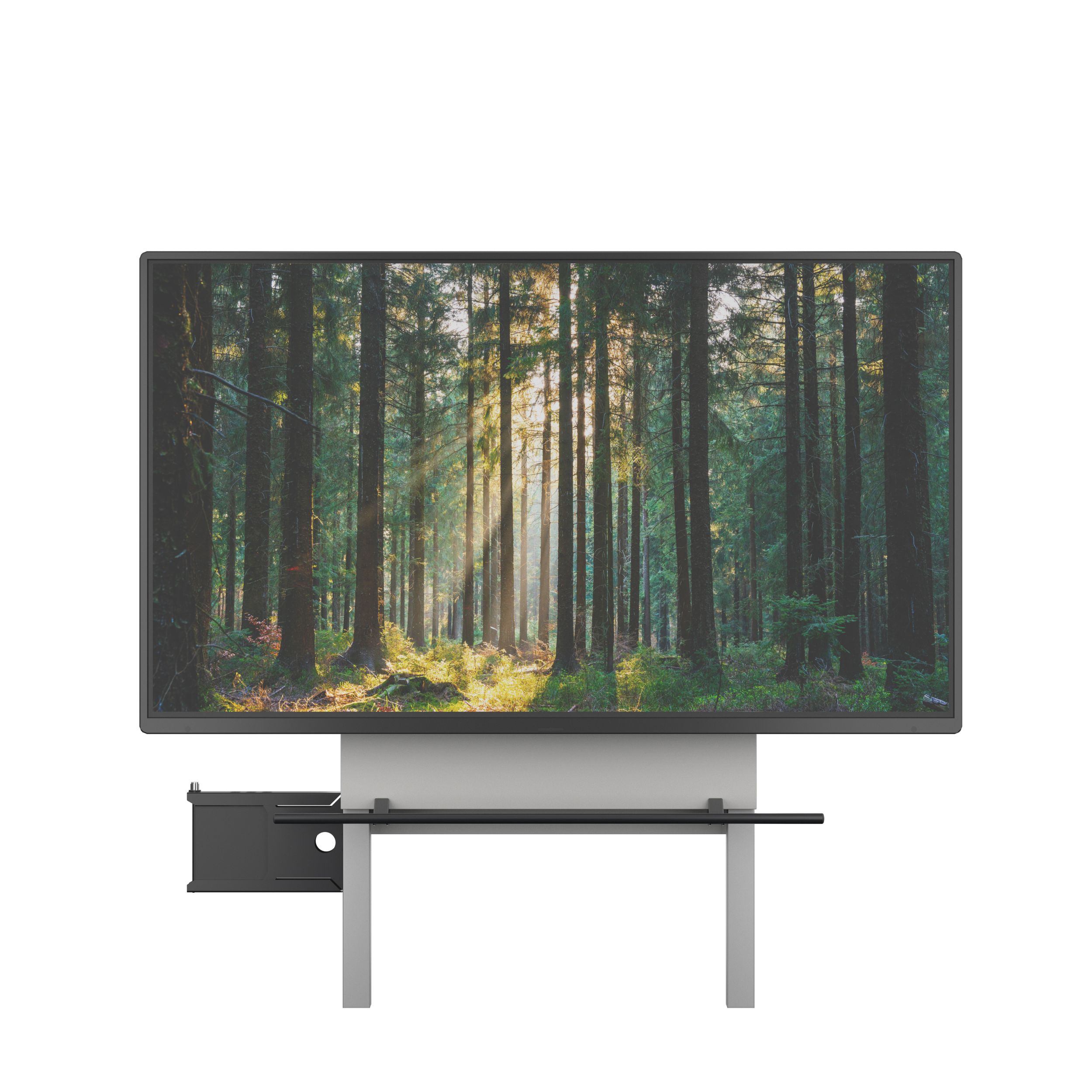 Touch display with image of a forest, on height-adjustable support system, cut-out